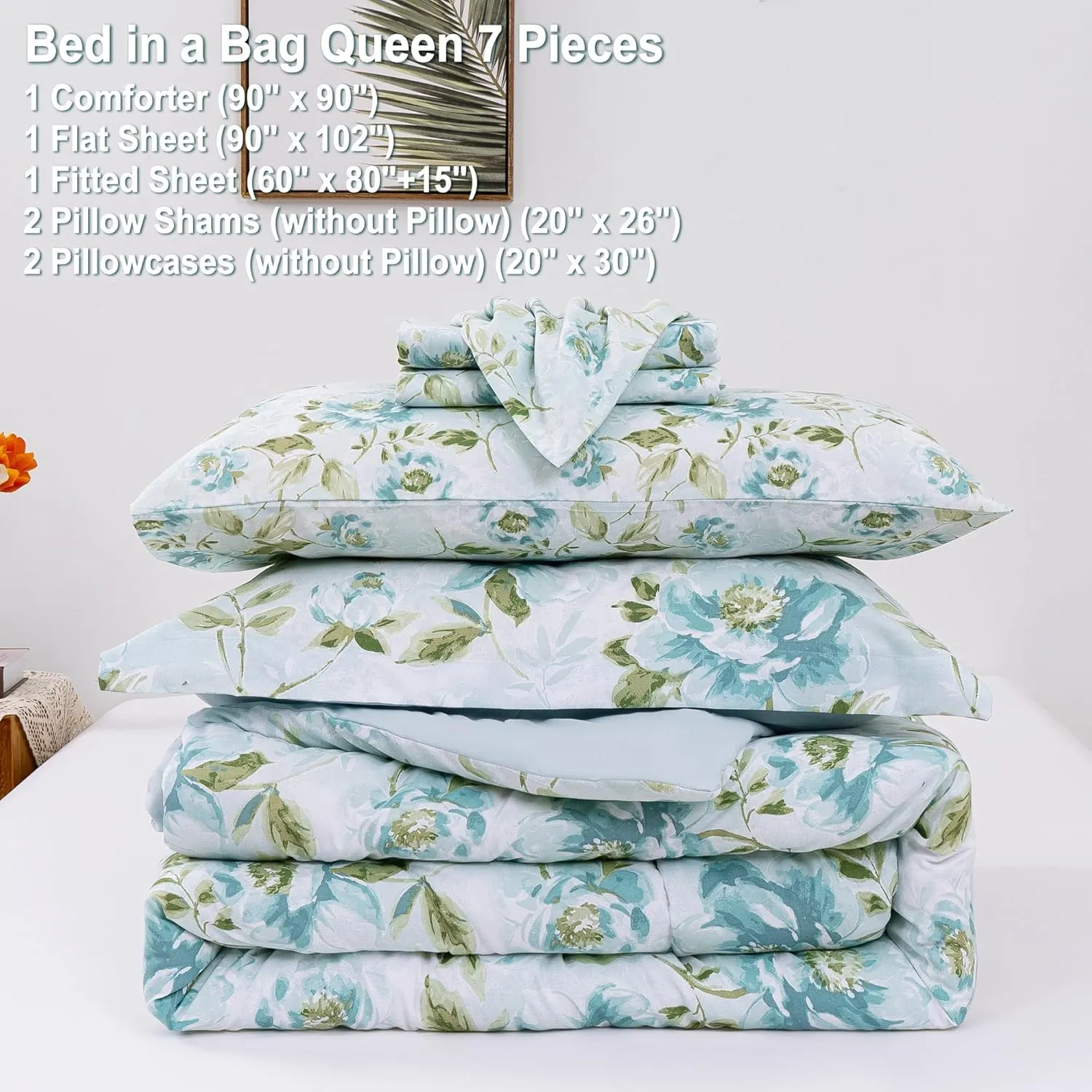 Floral Printed Farmhouse Queen Sheet Set with Comforter, Green Leaves and Light Blue Flower Pattern Queen Bed in A Bag, 7 Piece Comforter Set include Comforter, Sheets, Pillowcases &Pillow Shams
