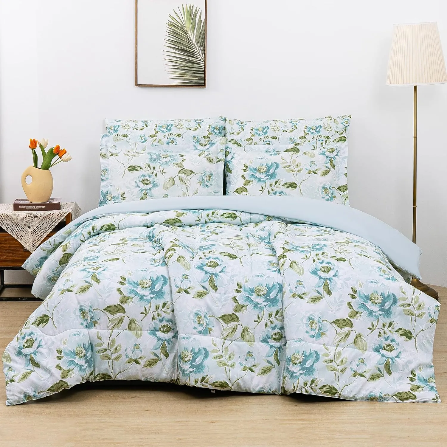 Floral Printed Farmhouse Queen Sheet Set with Comforter, Green Leaves and Light Blue Flower Pattern Queen Bed in A Bag, 7 Piece Comforter Set include Comforter, Sheets, Pillowcases &Pillow Shams