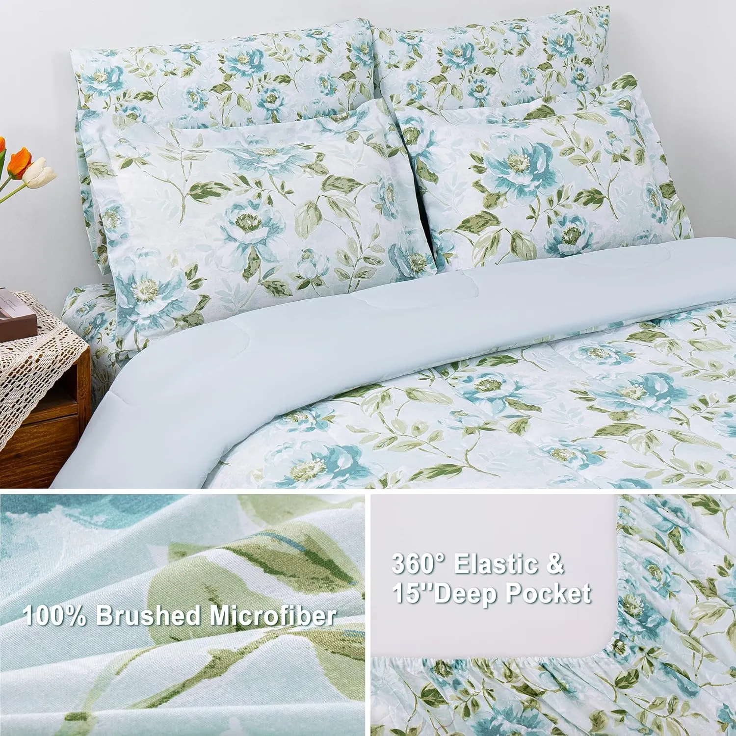 Floral Printed Farmhouse Queen Sheet Set with Comforter, Green Leaves and Light Blue Flower Pattern Queen Bed in A Bag, 7 Piece Comforter Set include Comforter, Sheets, Pillowcases &Pillow Shams