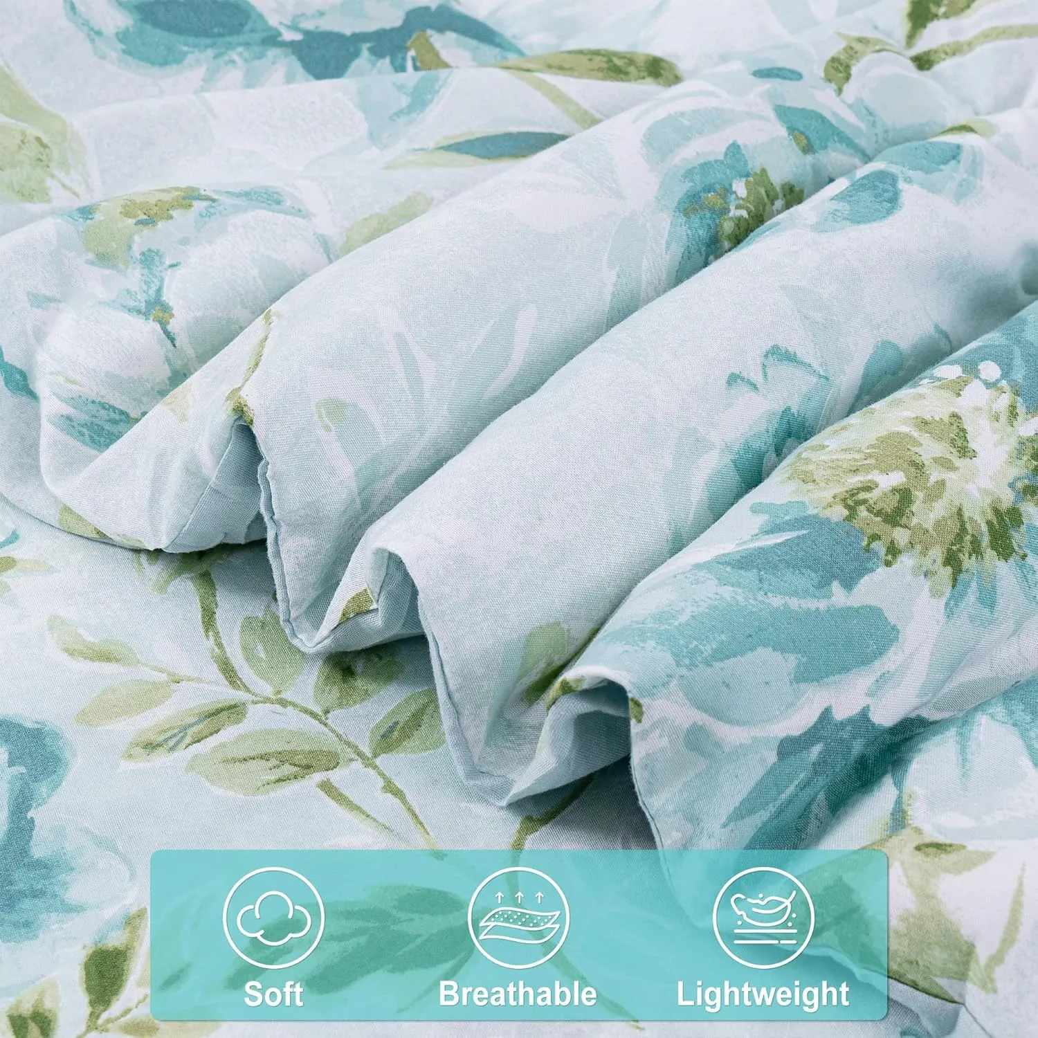 Floral Printed Farmhouse Queen Sheet Set with Comforter, Green Leaves and Light Blue Flower Pattern Queen Bed in A Bag, 7 Piece Comforter Set include Comforter, Sheets, Pillowcases &Pillow Shams