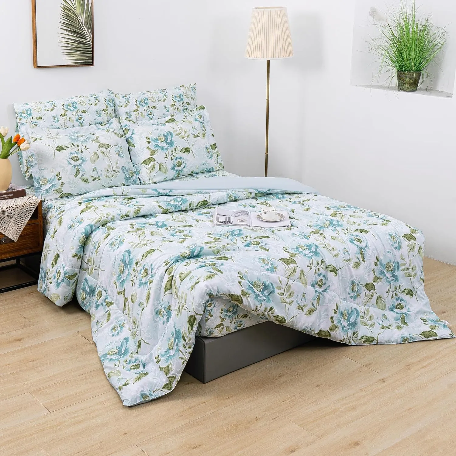 Floral Printed Farmhouse Queen Sheet Set with Comforter, Green Leaves and Light Blue Flower Pattern Queen Bed in A Bag, 7 Piece Comforter Set include Comforter, Sheets, Pillowcases &Pillow Shams