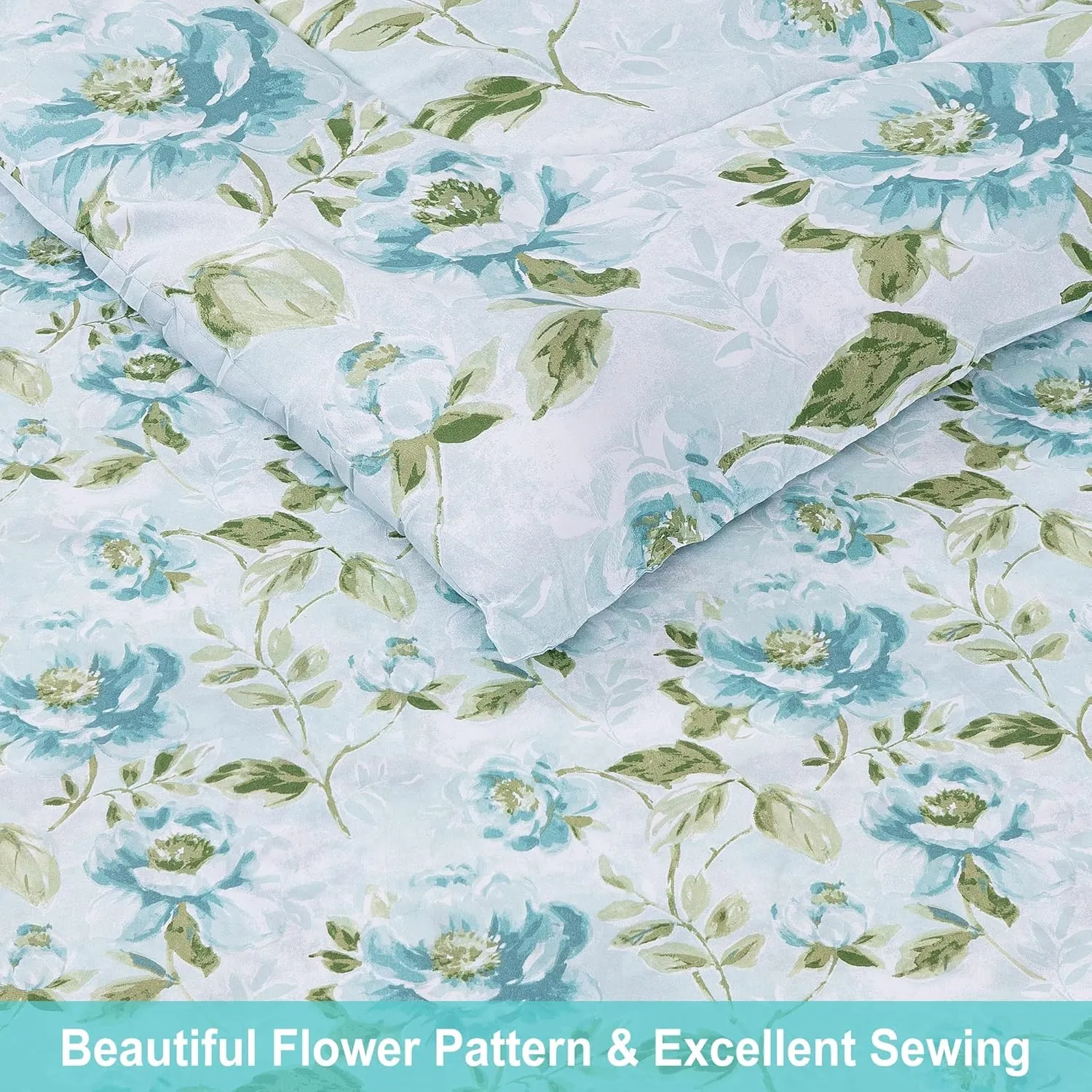 Floral Printed Farmhouse Queen Sheet Set with Comforter, Green Leaves and Light Blue Flower Pattern Queen Bed in A Bag, 7 Piece Comforter Set include Comforter, Sheets, Pillowcases &Pillow Shams