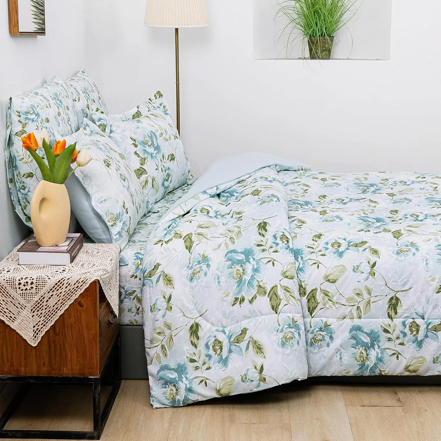 Floral Printed Farmhouse Queen Sheet Set with Comforter, Green Leaves and Light Blue Flower Pattern Queen Bed in A Bag, 7 Piece Comforter Set include Comforter, Sheets, Pillowcases &Pillow Shams