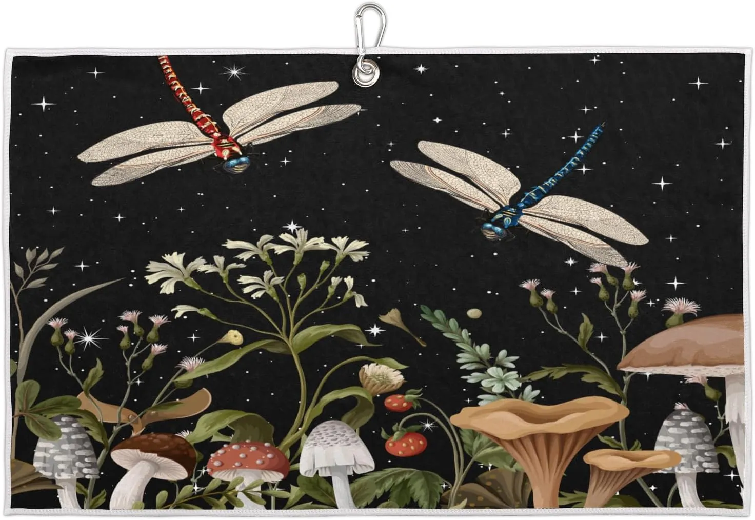 Flower Mushroom Dragonfly Starry Golf Towel with Heavy Duty Carabiner Ultra Absorbent Quick Dry Perfect for Cleaning Clubs Balls Gear Essential Golf Accessory for Men Women Kids