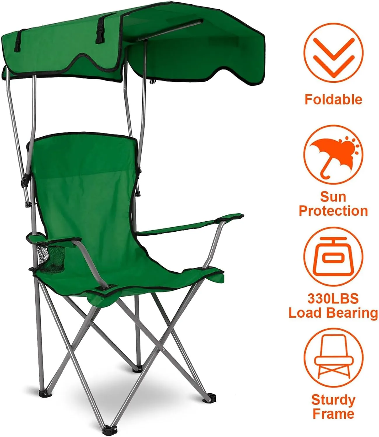 Foldable Camping Chair with Canopy - Sun Protection Beach Chair with Shade Canopy, 330LBS Load, Folding Seat with Cup Holder, Carrying Bag - Ideal Beach, Poolside, Travel, Picnic - Green