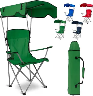 Foldable Camping Chair with Canopy - Sun Protection Beach Chair with Shade Canopy, 330LBS Load, Folding Seat with Cup Holder, Carrying Bag - Ideal Beach, Poolside, Travel, Picnic - Green