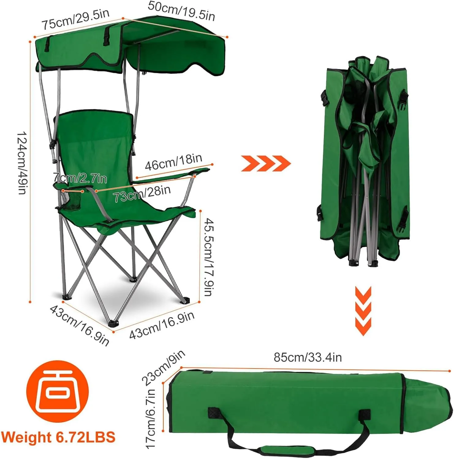 Foldable Camping Chair with Canopy - Sun Protection Beach Chair with Shade Canopy, 330LBS Load, Folding Seat with Cup Holder, Carrying Bag - Ideal Beach, Poolside, Travel, Picnic - Green