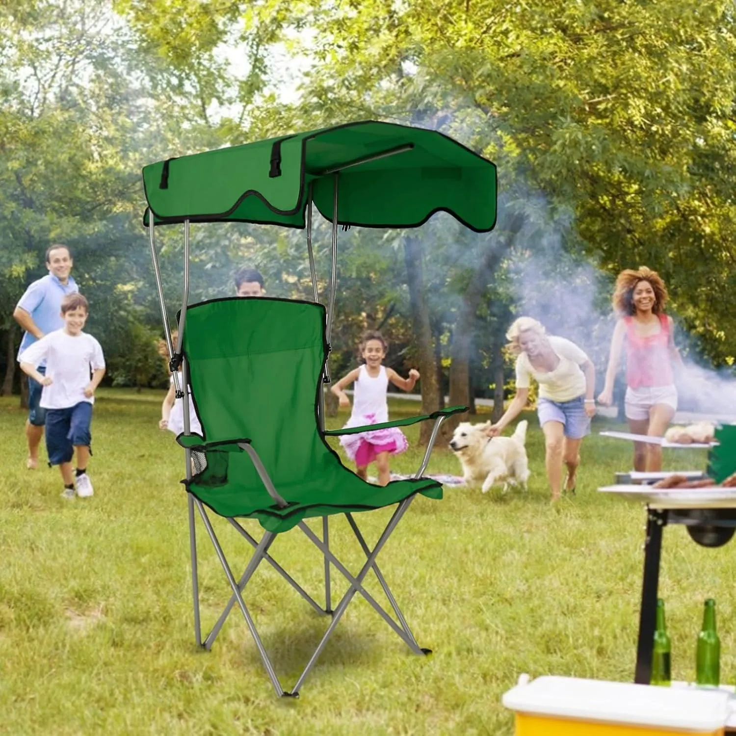 Foldable Camping Chair with Canopy - Sun Protection Beach Chair with Shade Canopy, 330LBS Load, Folding Seat with Cup Holder, Carrying Bag - Ideal Beach, Poolside, Travel, Picnic - Green