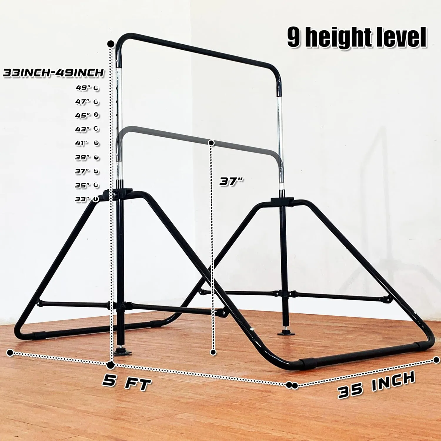 Foldable Gymnastic Bar for Kids Ages 3-9, 9 Height Levels, 200 lbs Weight Capacity, 5 Ft Length Gymnastic Kip Bar with Mat, Gymnastic Equipment for Home and Gym Center Indoor Outdoor Use
