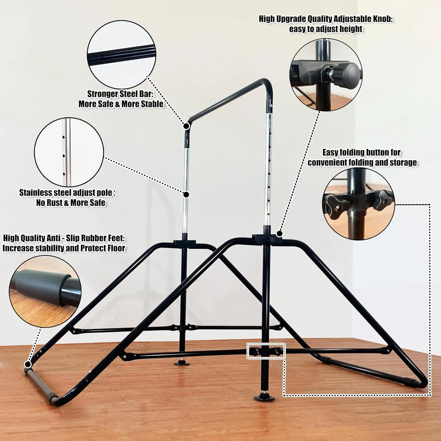 Foldable Gymnastic Bar for Kids Ages 3-9, 9 Height Levels, 200 lbs Weight Capacity, 5 Ft Length Gymnastic Kip Bar with Mat, Gymnastic Equipment for Home and Gym Center Indoor Outdoor Use