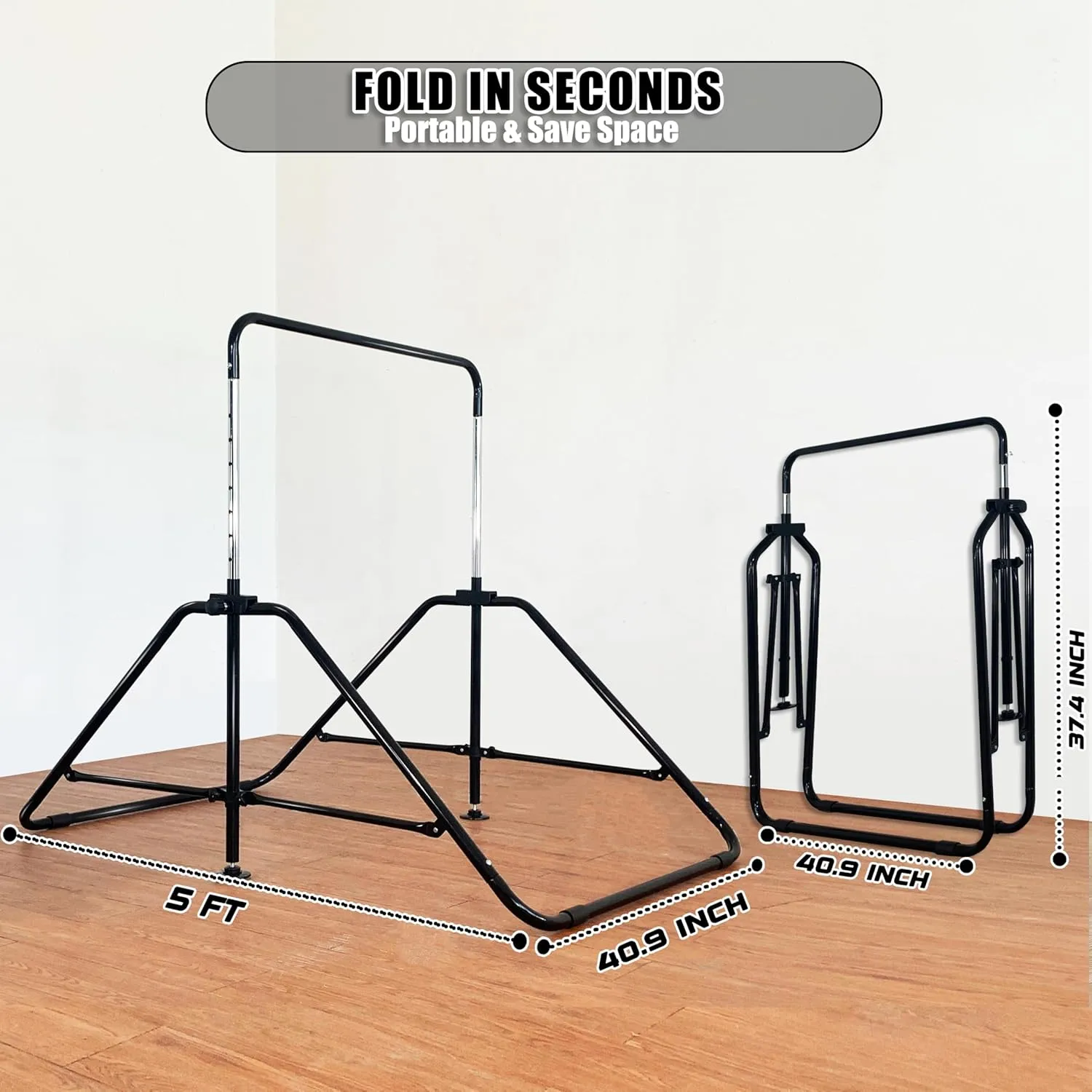 Foldable Gymnastic Bar for Kids Ages 3-9, 9 Height Levels, 200 lbs Weight Capacity, 5 Ft Length Gymnastic Kip Bar with Mat, Gymnastic Equipment for Home and Gym Center Indoor Outdoor Use