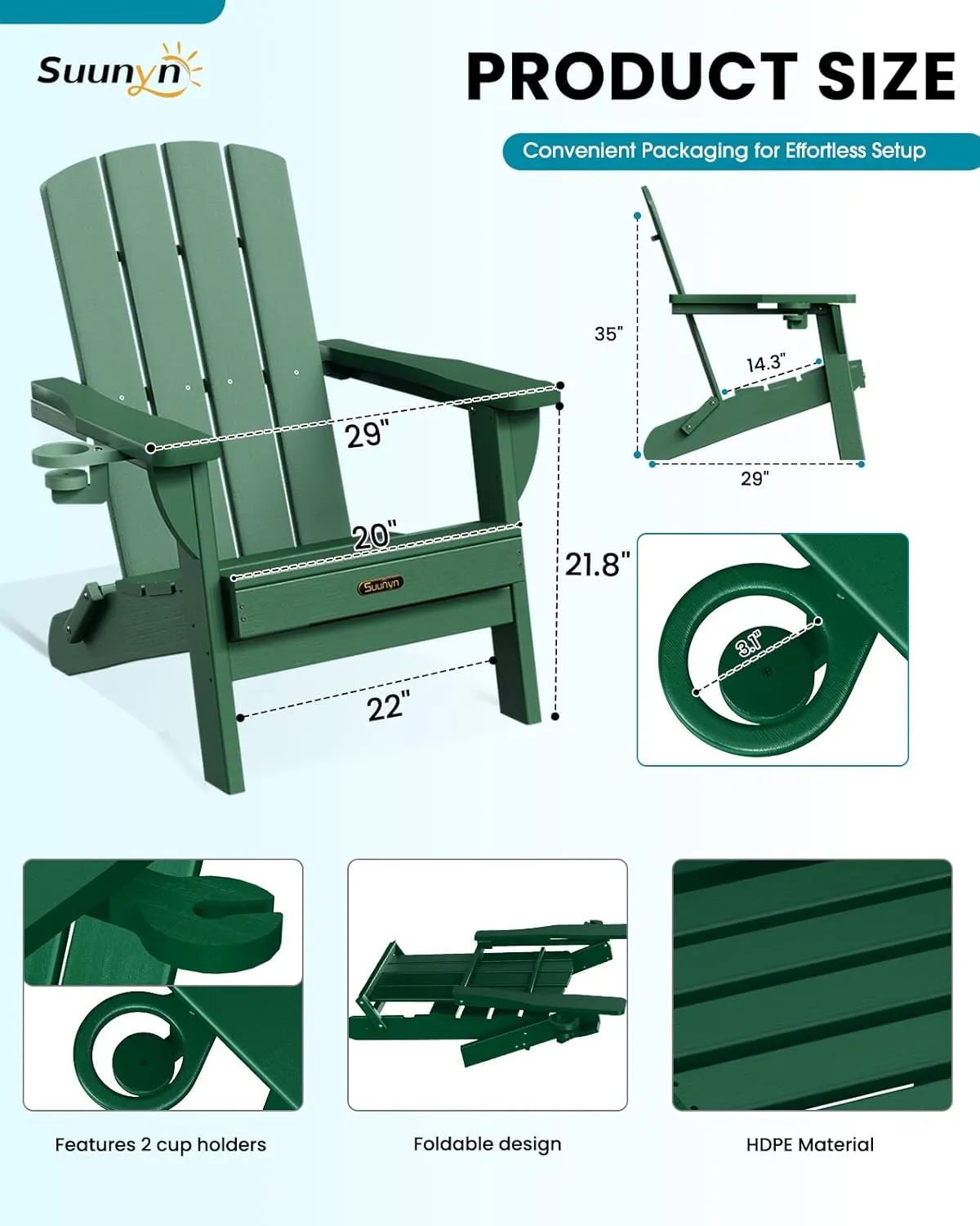 Folding Adirondack Chair, HDPE All-Weather Fire Pit Chairs, Plastic Adirondack Chairs with 2 Cup Holder, Outdoor Lawn Chair for Patio Garden (Green)