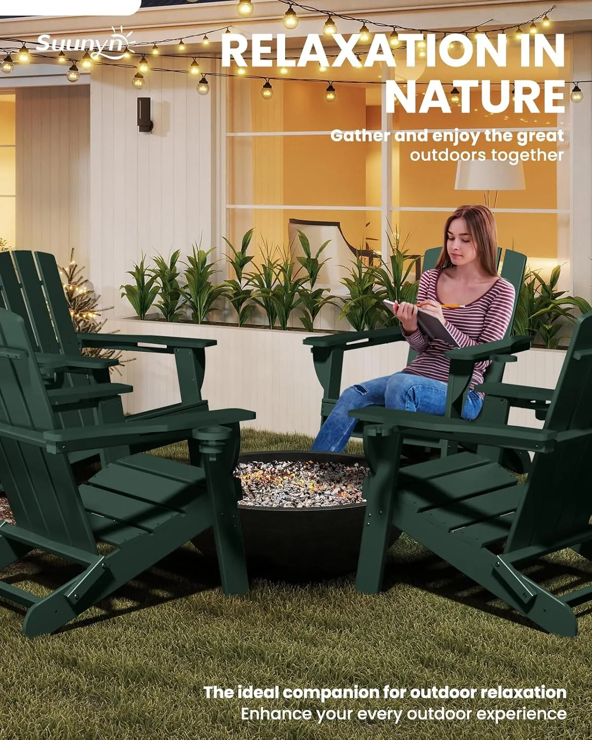 Folding Adirondack Chair, HDPE All-Weather Fire Pit Chairs, Plastic Adirondack Chairs with 2 Cup Holder, Outdoor Lawn Chair for Patio Garden (Green)