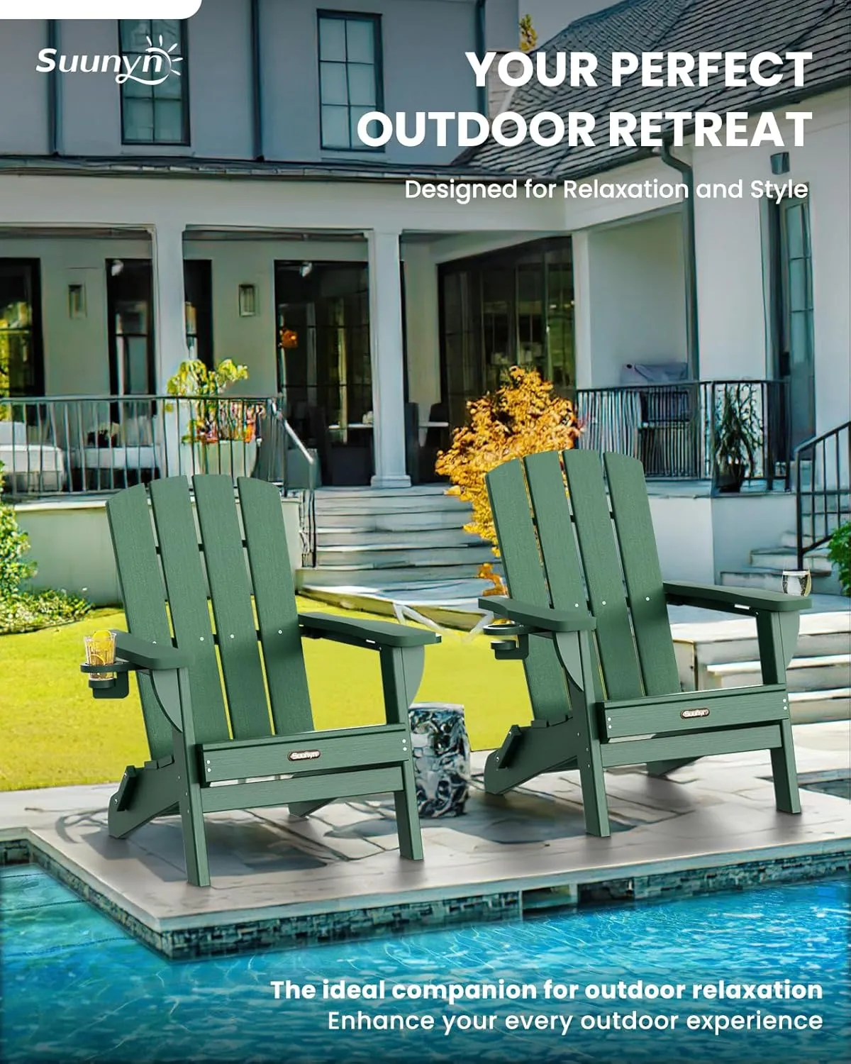 Folding Adirondack Chair, HDPE All-Weather Fire Pit Chairs, Plastic Adirondack Chairs with 2 Cup Holder, Outdoor Lawn Chair for Patio Garden (Green)