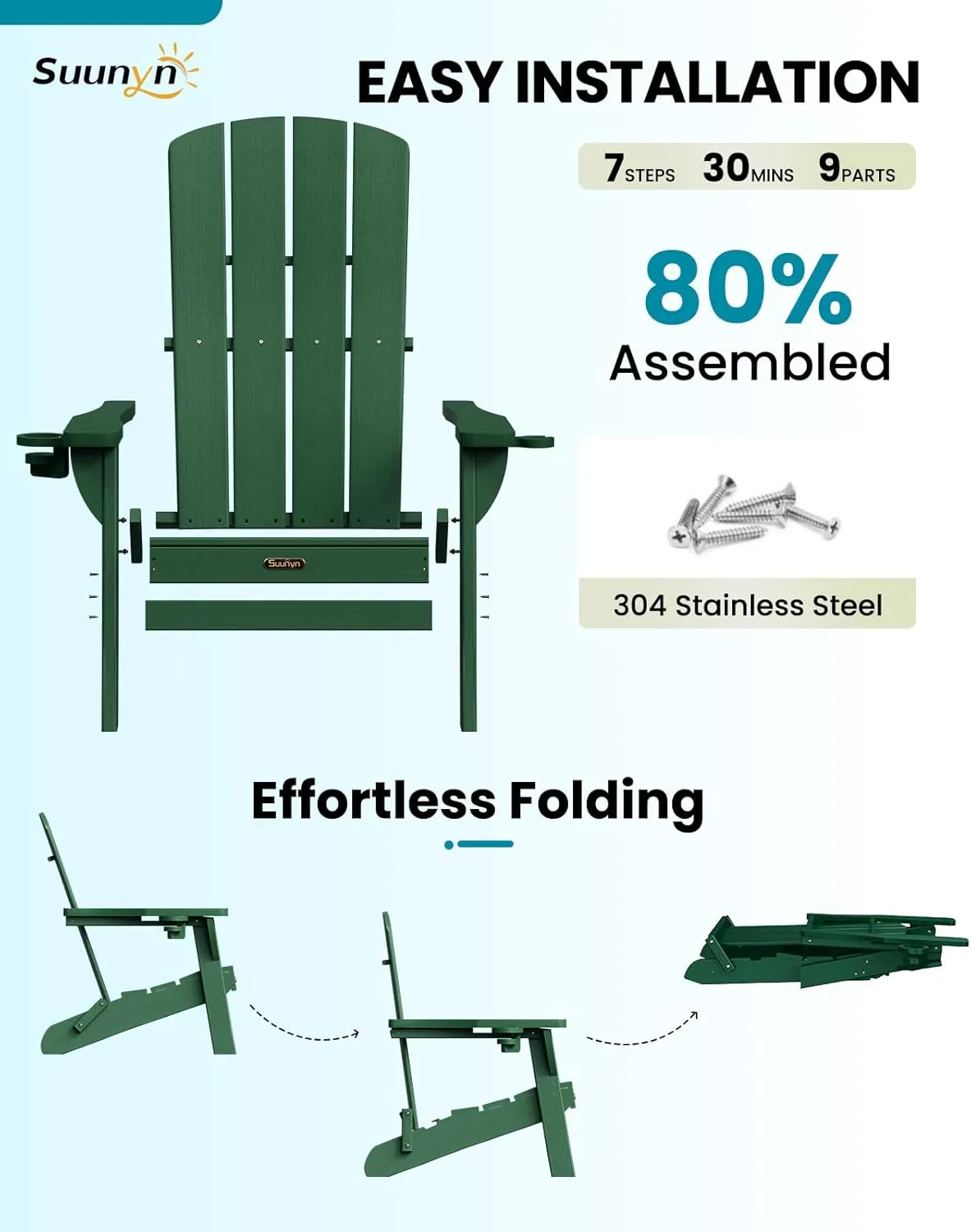 Folding Adirondack Chair, HDPE All-Weather Fire Pit Chairs, Plastic Adirondack Chairs with 2 Cup Holder, Outdoor Lawn Chair for Patio Garden (Green)