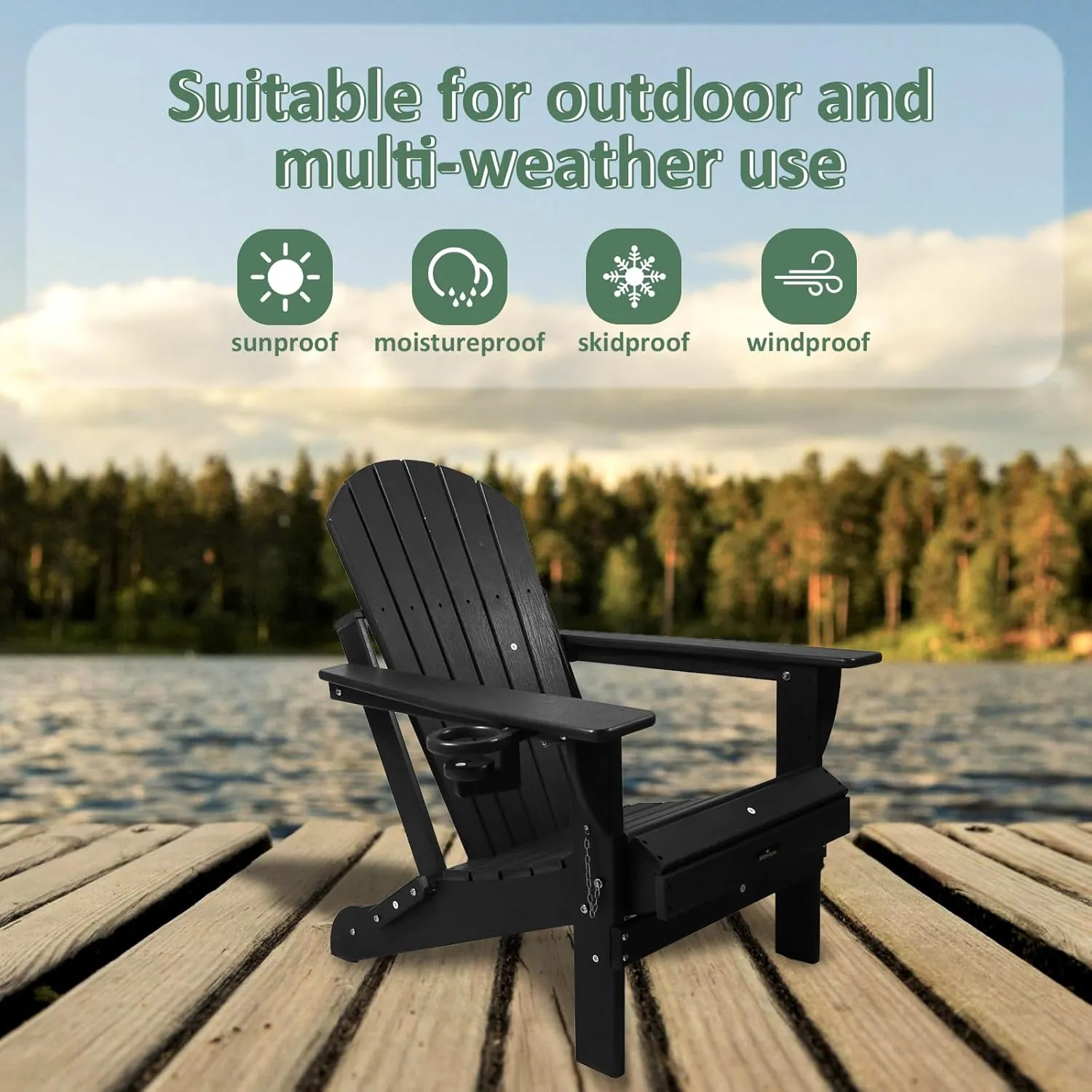 Folding Adirondack Chair HDPE Weather Resistant, Plastic Patio Chairs with Cup Holder,Easy Installation Wood Fire Pit Chair Lawn Chairs Perfect for Patio, Porch, Deck Garden, Black