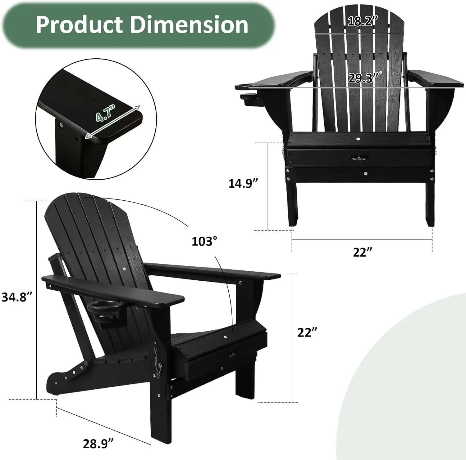 Folding Adirondack Chair HDPE Weather Resistant, Plastic Patio Chairs with Cup Holder,Easy Installation Wood Fire Pit Chair Lawn Chairs Perfect for Patio, Porch, Deck Garden, Black