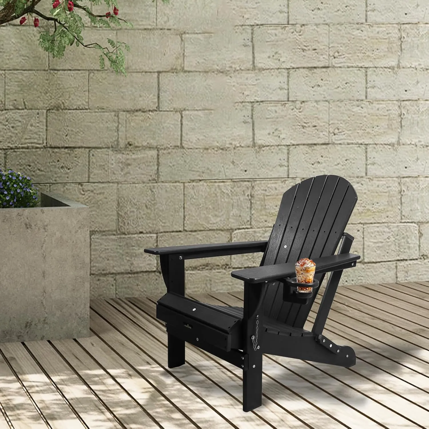 Folding Adirondack Chair HDPE Weather Resistant, Plastic Patio Chairs with Cup Holder,Easy Installation Wood Fire Pit Chair Lawn Chairs Perfect for Patio, Porch, Deck Garden, Black