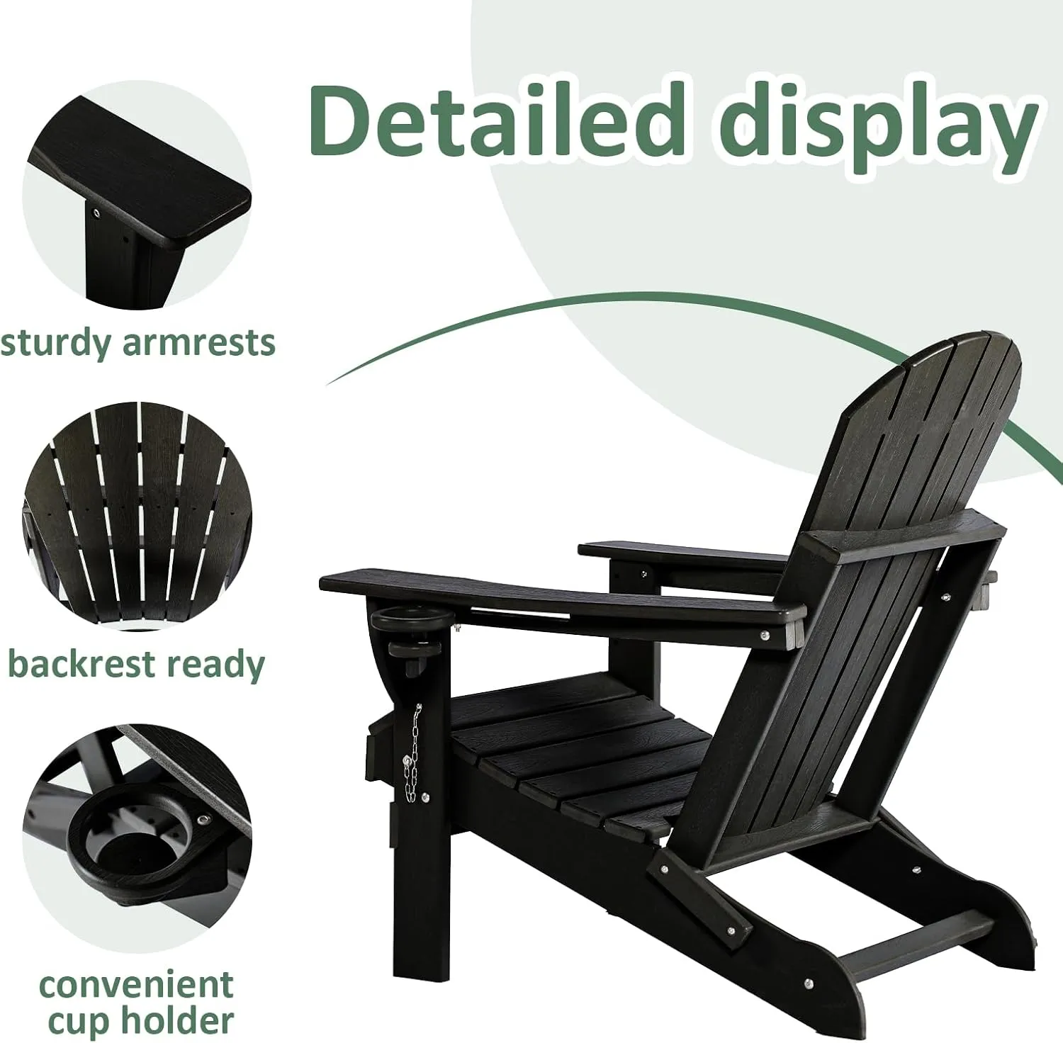 Folding Adirondack Chair HDPE Weather Resistant, Plastic Patio Chairs with Cup Holder,Easy Installation Wood Fire Pit Chair Lawn Chairs Perfect for Patio, Porch, Deck Garden, Black