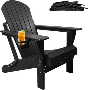 Folding Adirondack Chair HDPE Weather Resistant, Plastic Patio Chairs with Cup Holder,Easy Installation Wood Fire Pit Chair Lawn Chairs Perfect for Patio, Porch, Deck Garden, Black