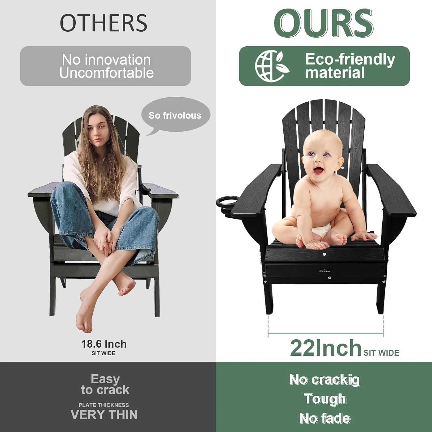 Folding Adirondack Chair HDPE Weather Resistant, Plastic Patio Chairs with Cup Holder,Easy Installation Wood Fire Pit Chair Lawn Chairs Perfect for Patio, Porch, Deck Garden, Black