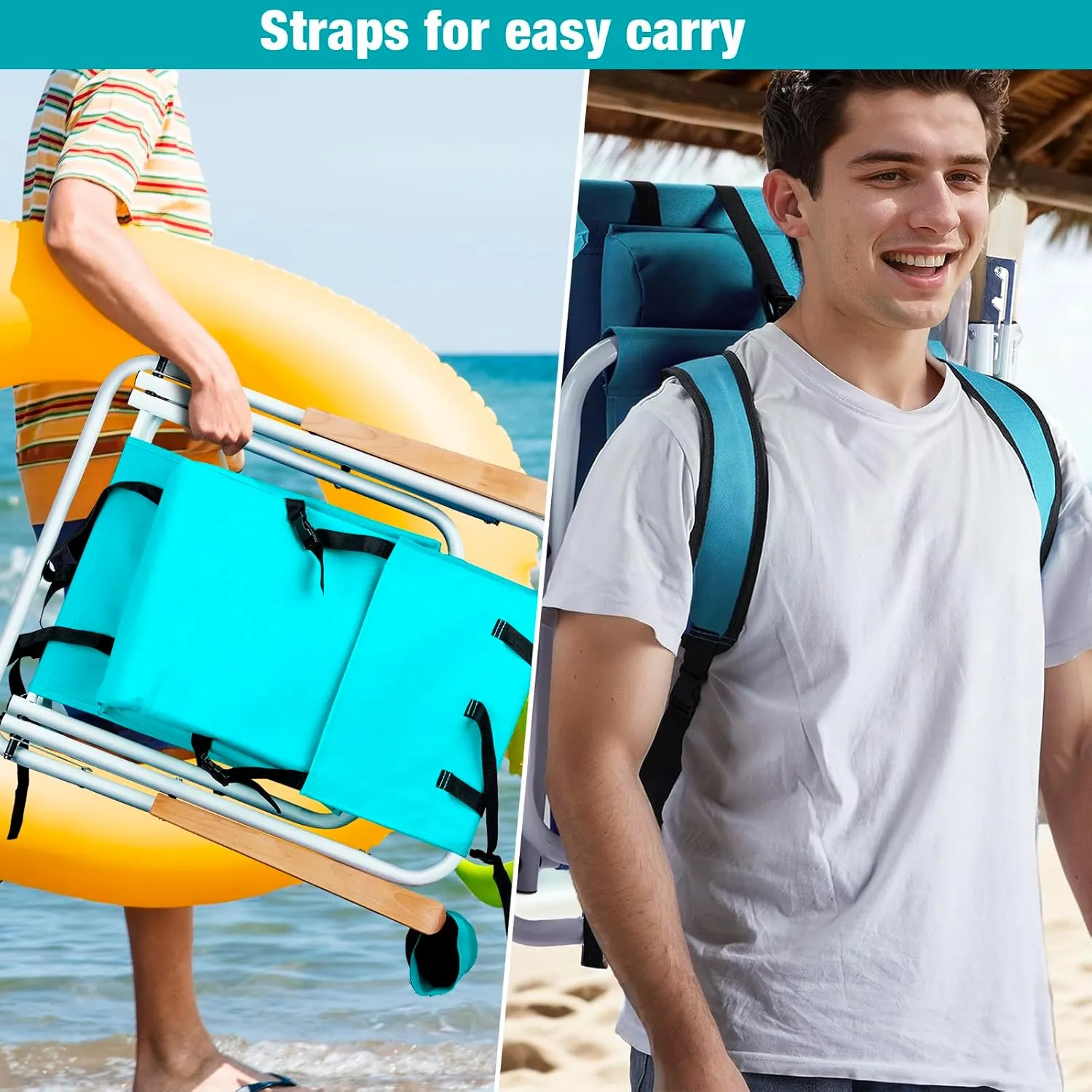 Folding Beach Chair, 4 Position Reclining Backpack Camping Chairs with Headrest Cup Holder Wooden Armrests Heavy Duty Portable Lounge Chairs for Beach Backyard Travel (2, Green)