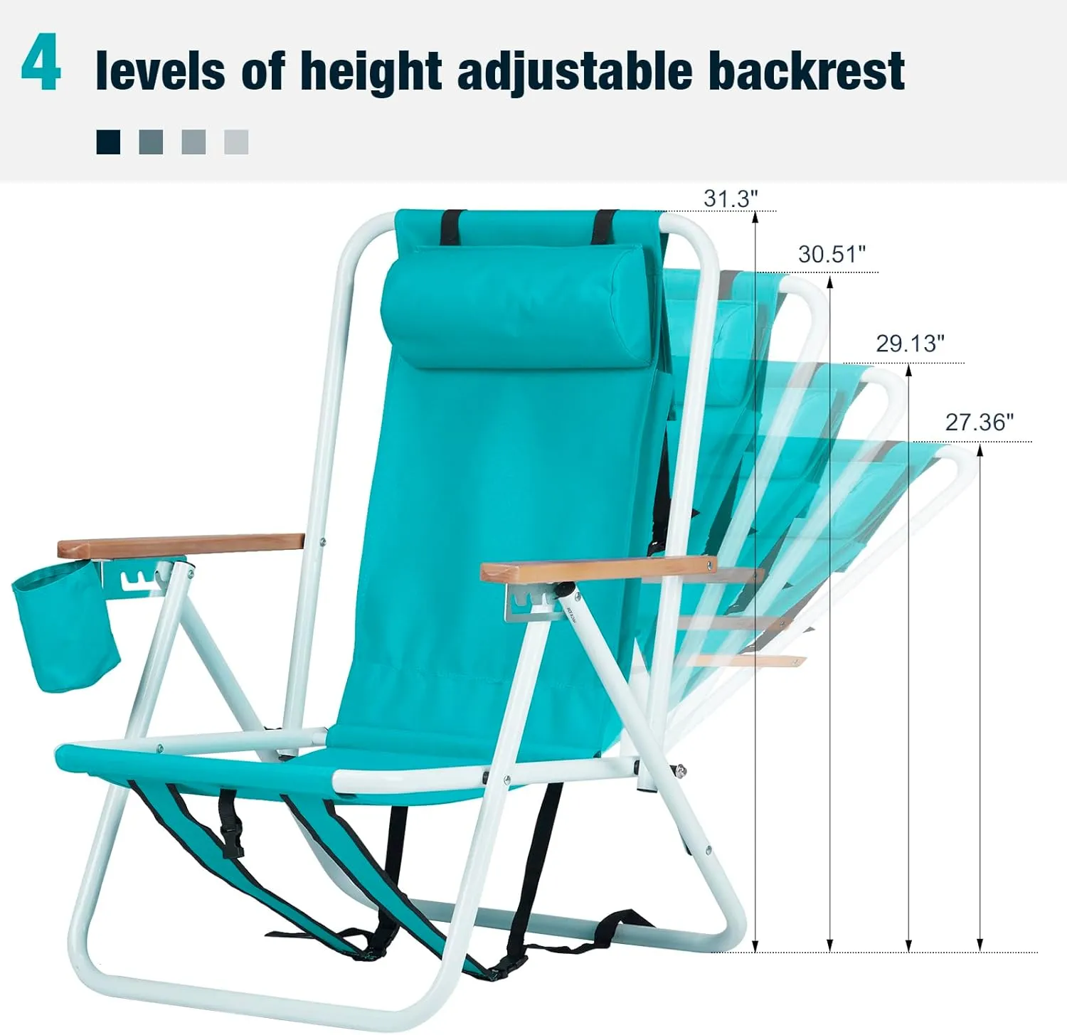Folding Beach Chair, 4 Position Reclining Backpack Camping Chairs with Headrest Cup Holder Wooden Armrests Heavy Duty Portable Lounge Chairs for Beach Backyard Travel (2, Green)