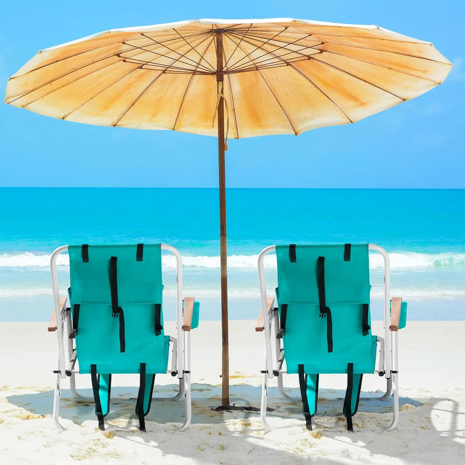 Folding Beach Chair, 4 Position Reclining Backpack Camping Chairs with Headrest Cup Holder Wooden Armrests Heavy Duty Portable Lounge Chairs for Beach Backyard Travel (2, Green)