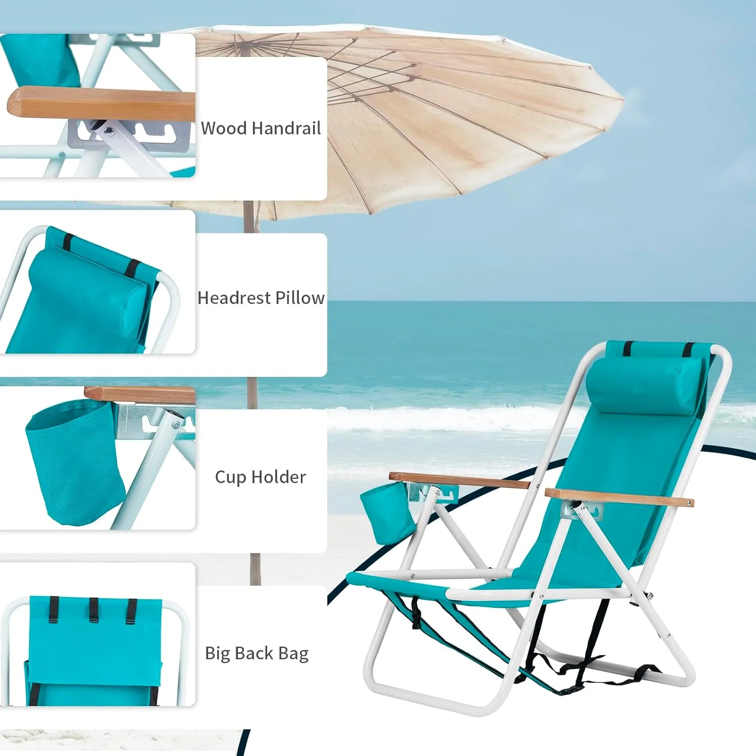 Folding Beach Chair, 4 Position Reclining Backpack Camping Chairs with Headrest Cup Holder Wooden Armrests Heavy Duty Portable Lounge Chairs for Beach Backyard Travel (2, Green)