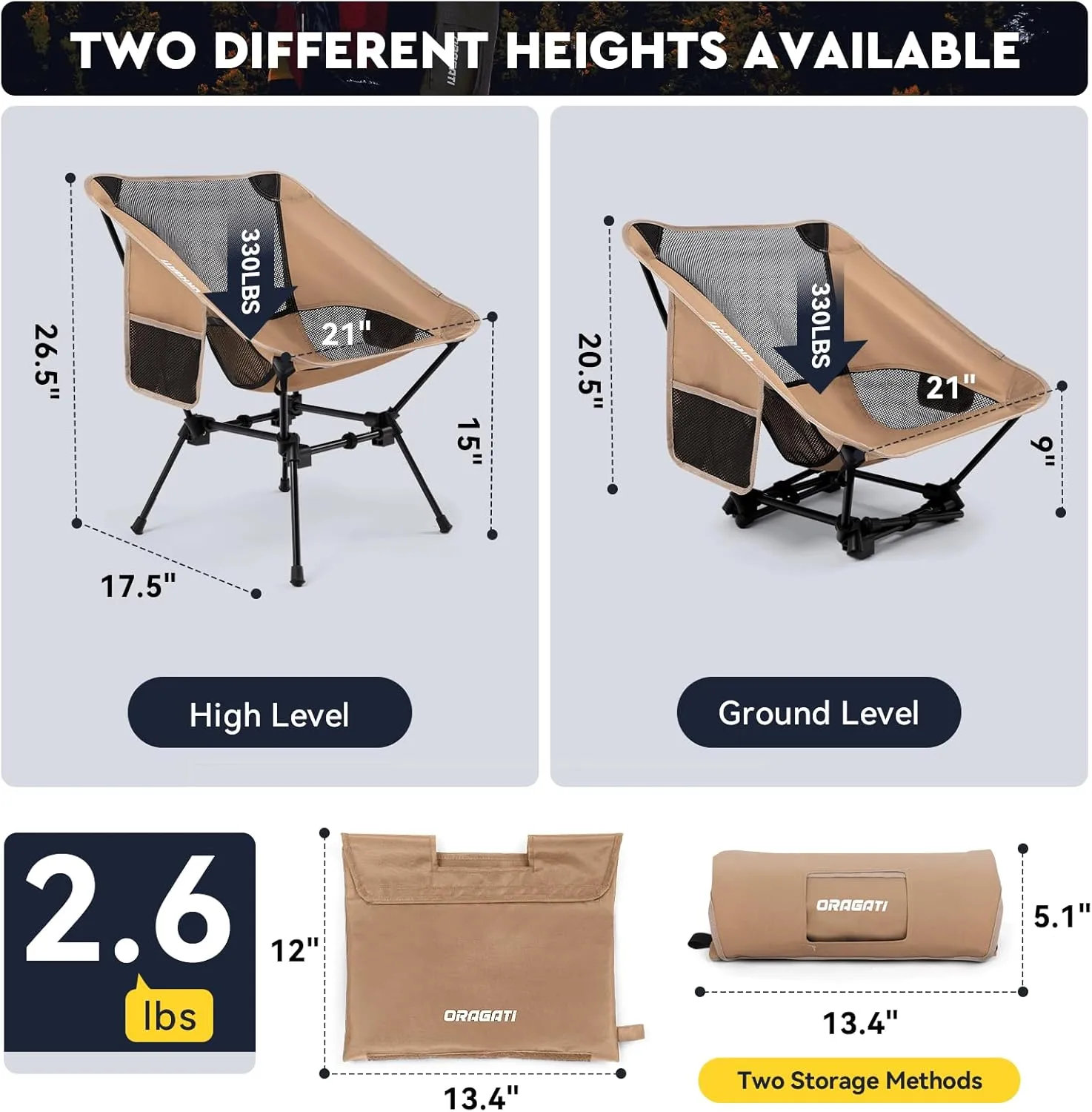 Folding Camping Chairs, Lightweight Backpacking Chair in Compact Design for Camp, Beach, Hiking, Outdoors, Khaki