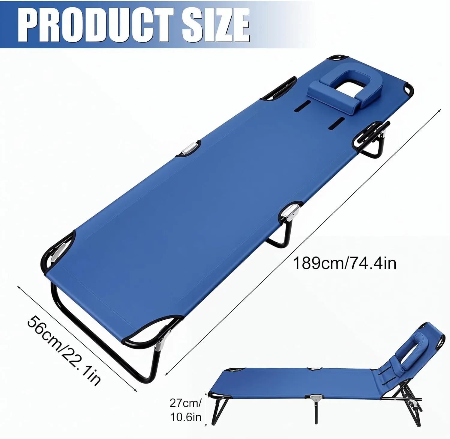 Folding Camping Cot for Adults, Reclining Folding Chaise for Indoor Outdoor Travel, Heavy Duty Lounger Chair with Face Hole, Height Adjustable, Sunbathing Chair for Patio Poolside Lawn Beach