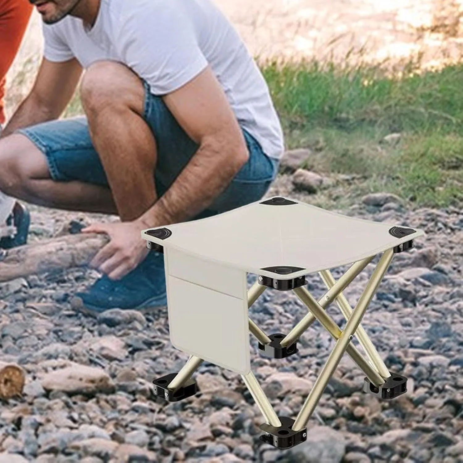 Folding Camping Stool Mini Foldable Chair Compact with Side Pocket Foot Stool for Hiking Patio Camping Traveling Barbecue, White, 33cmx33cmx32cm