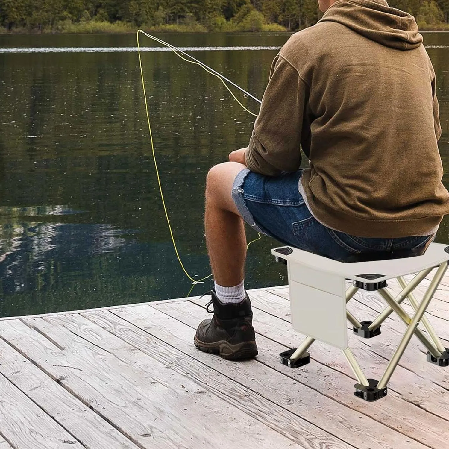 Folding Camping Stool Mini Foldable Chair Compact with Side Pocket Foot Stool for Hiking Patio Camping Traveling Barbecue, White, 33cmx33cmx32cm