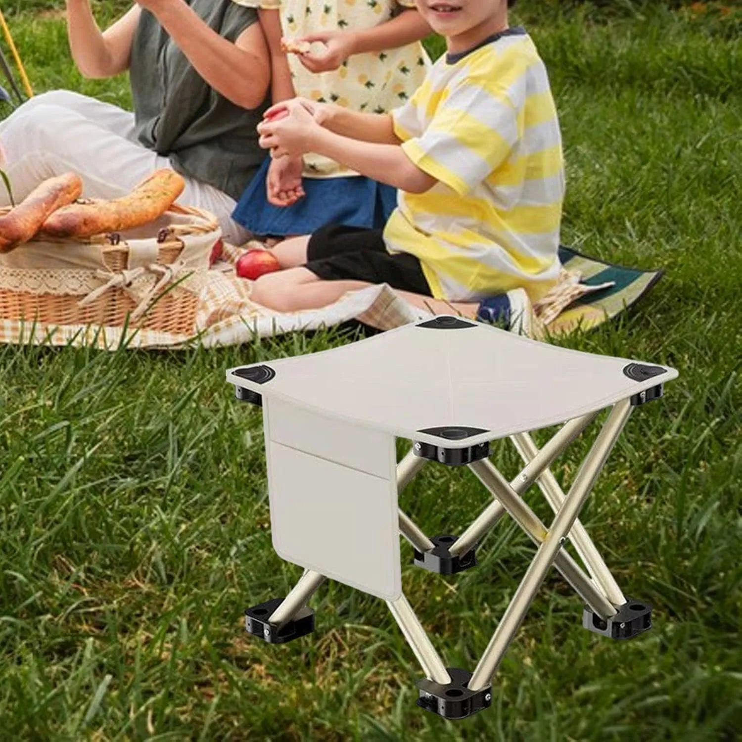Folding Camping Stool Mini Foldable Chair Compact with Side Pocket Foot Stool for Hiking Patio Camping Traveling Barbecue, White, 33cmx33cmx32cm
