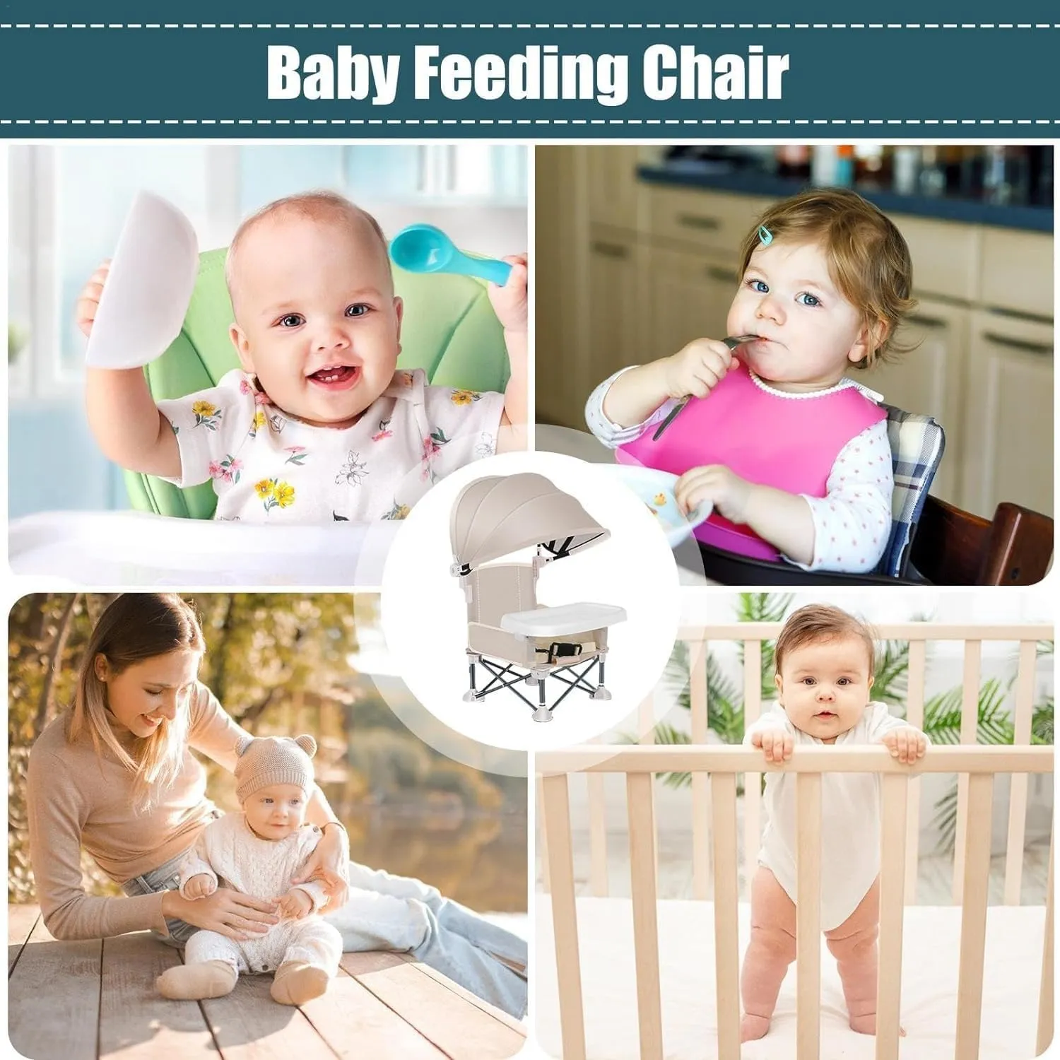 Folding Chairs for Outside Inside, Portable Booster Seat for Table Camping Chairs with Tray & Canopy Travel Essentials, Sun Protection Outdoor Foldable Chair Housewarming Gifts
