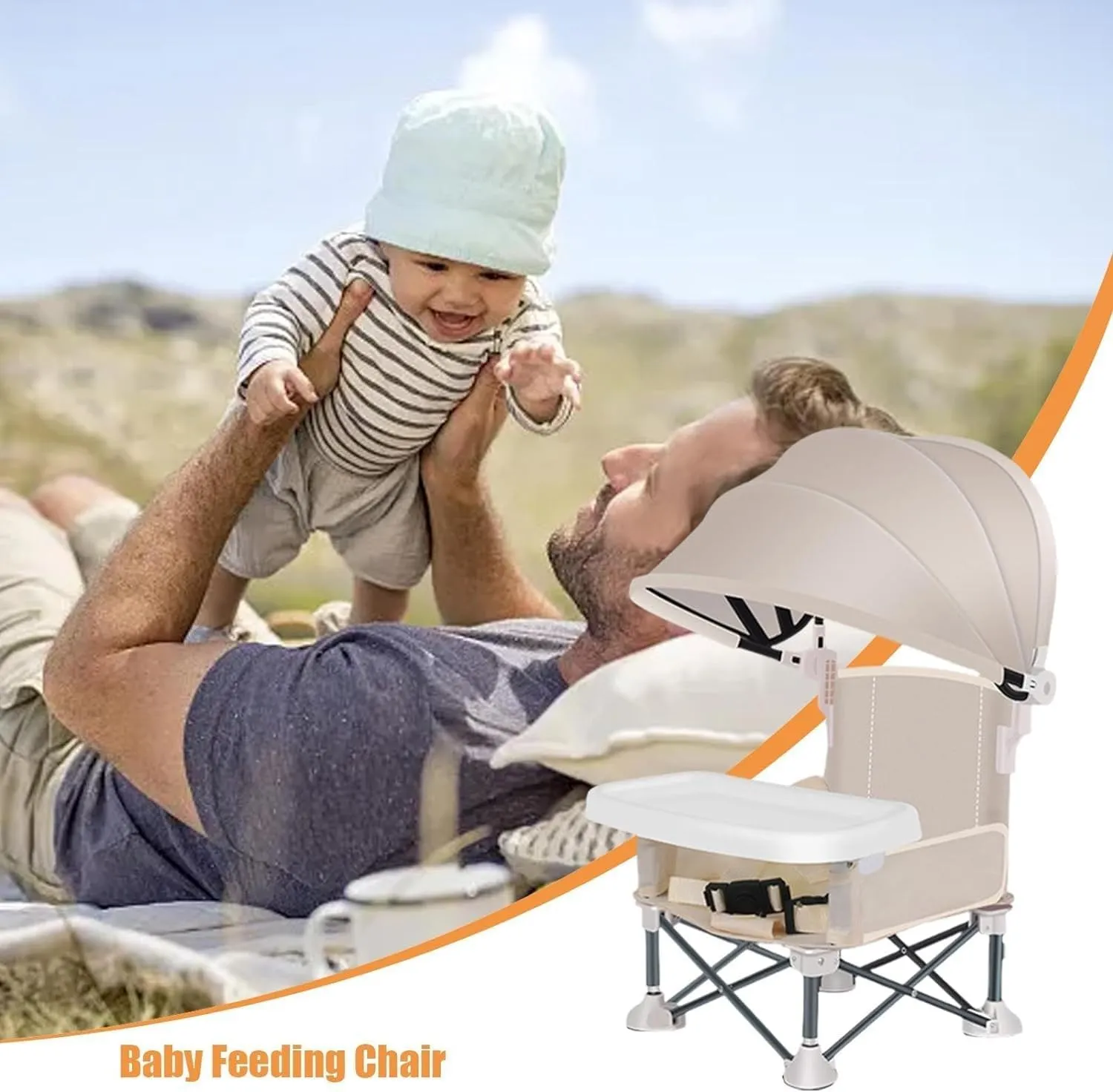 Folding Chairs for Outside Inside, Portable Booster Seat for Table Camping Chairs with Tray & Canopy Travel Essentials, Sun Protection Outdoor Foldable Chair Housewarming Gifts