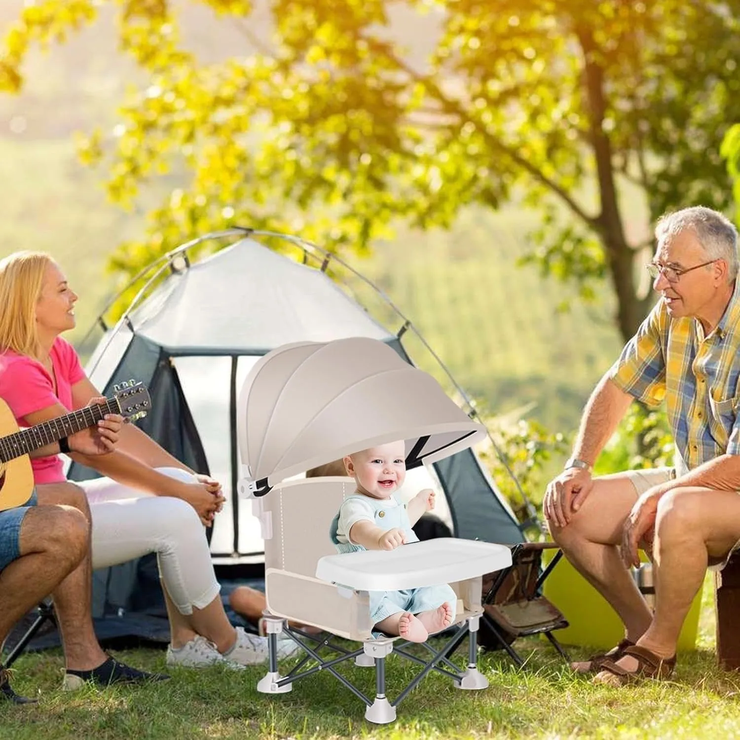 Folding Chairs for Outside Inside, Portable Booster Seat for Table Camping Chairs with Tray & Canopy Travel Essentials, Sun Protection Outdoor Foldable Chair Housewarming Gifts
