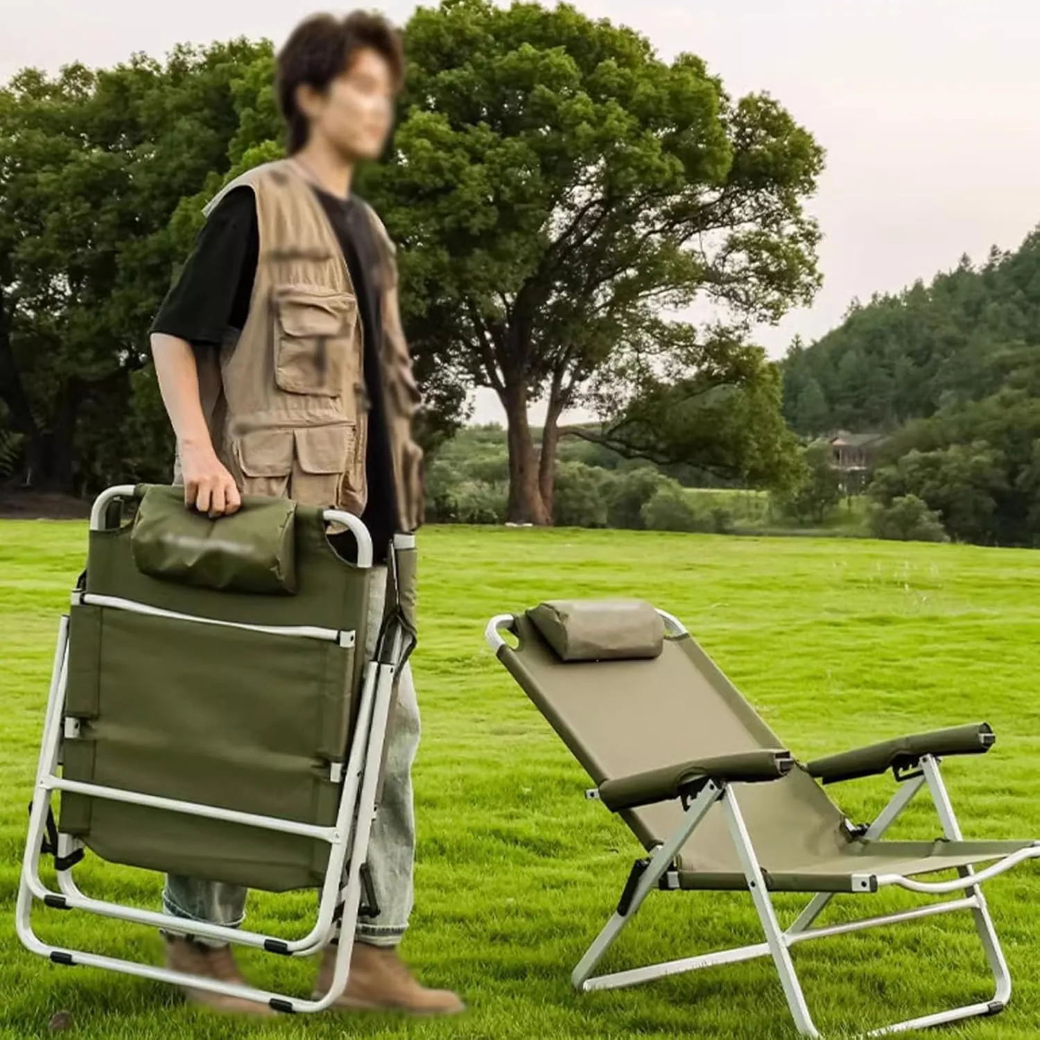 Folding Chaise - Camping Chair, 4th Gear Angle Adjustment, Can Sit and Lie Down, Load Bearing Capacity of 180KG, Suitable for Outdoor Activities Such As Camping, Fishing, Etc
