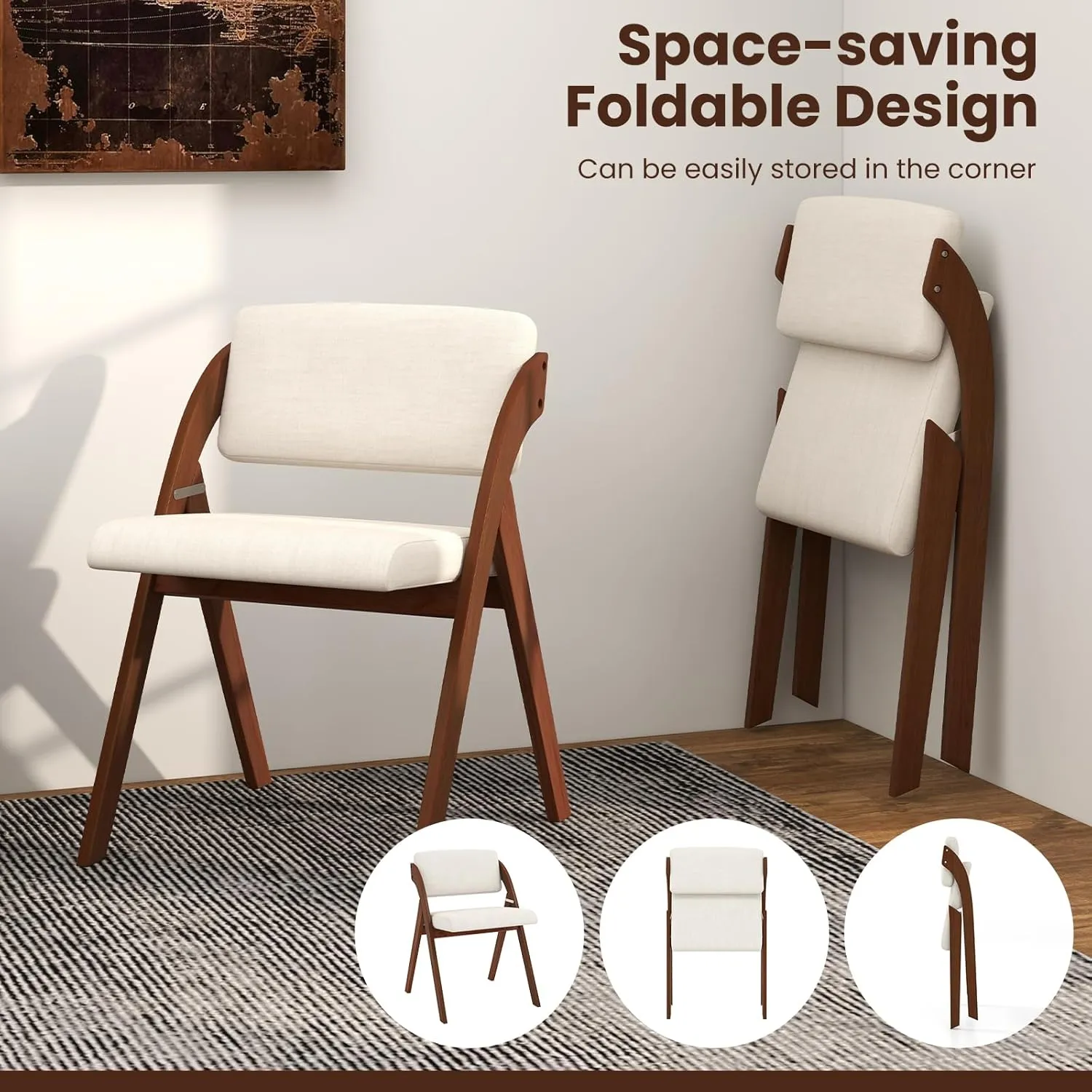 Folding Dining Chairs Set of 2, Farmhouse Upholstered Accent Chair with Non-Assembly Design, Padded Seat & Cushion Backrest, Portable Wood Kitchen Chairs for Party, Picnic & Home Office