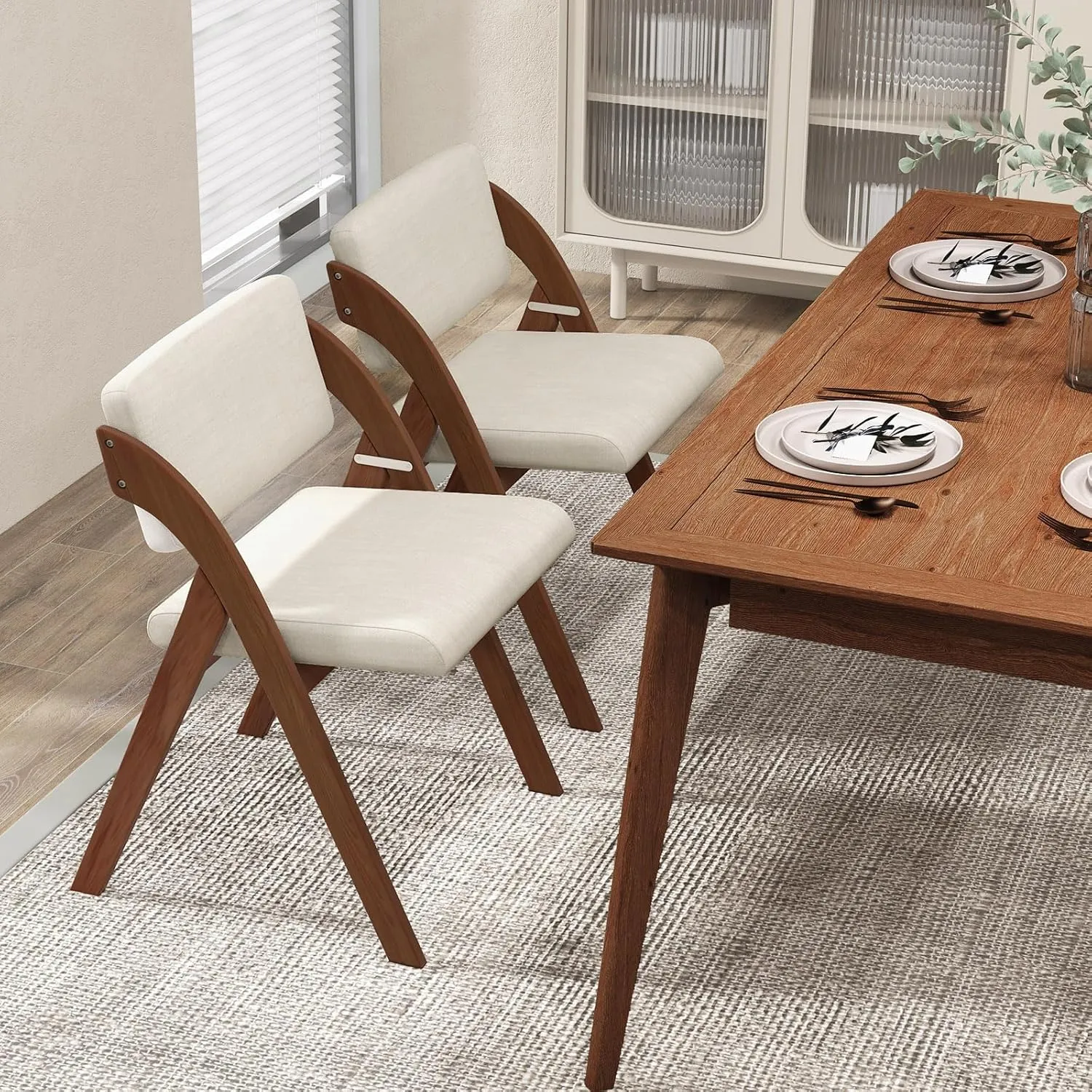 Folding Dining Chairs Set of 2, Farmhouse Upholstered Accent Chair with Non-Assembly Design, Padded Seat & Cushion Backrest, Portable Wood Kitchen Chairs for Party, Picnic & Home Office