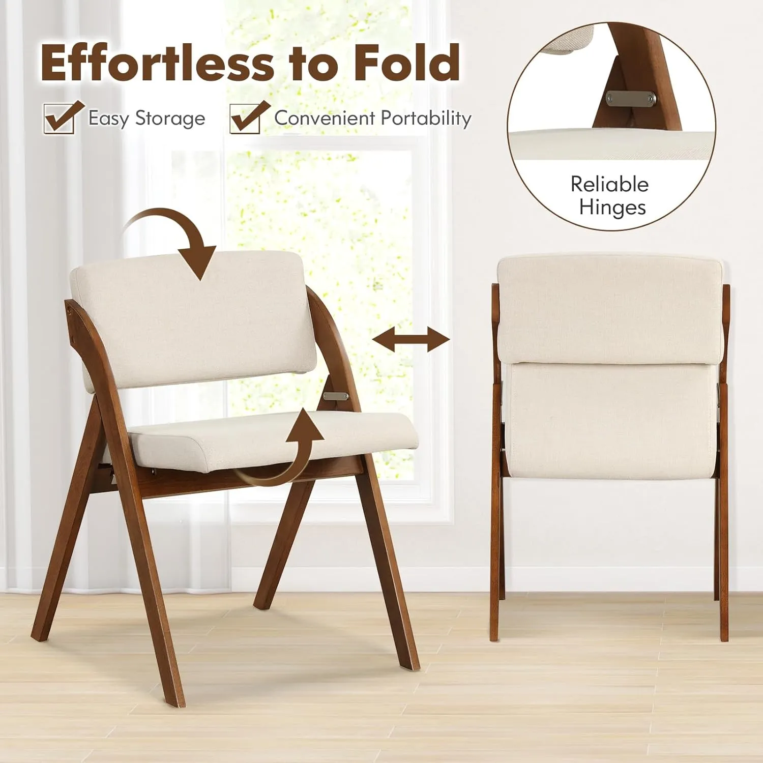 Folding Dining Chairs Set of 2, Farmhouse Upholstered Accent Chair with Non-Assembly Design, Padded Seat & Cushion Backrest, Portable Wood Kitchen Chairs for Party, Picnic & Home Office