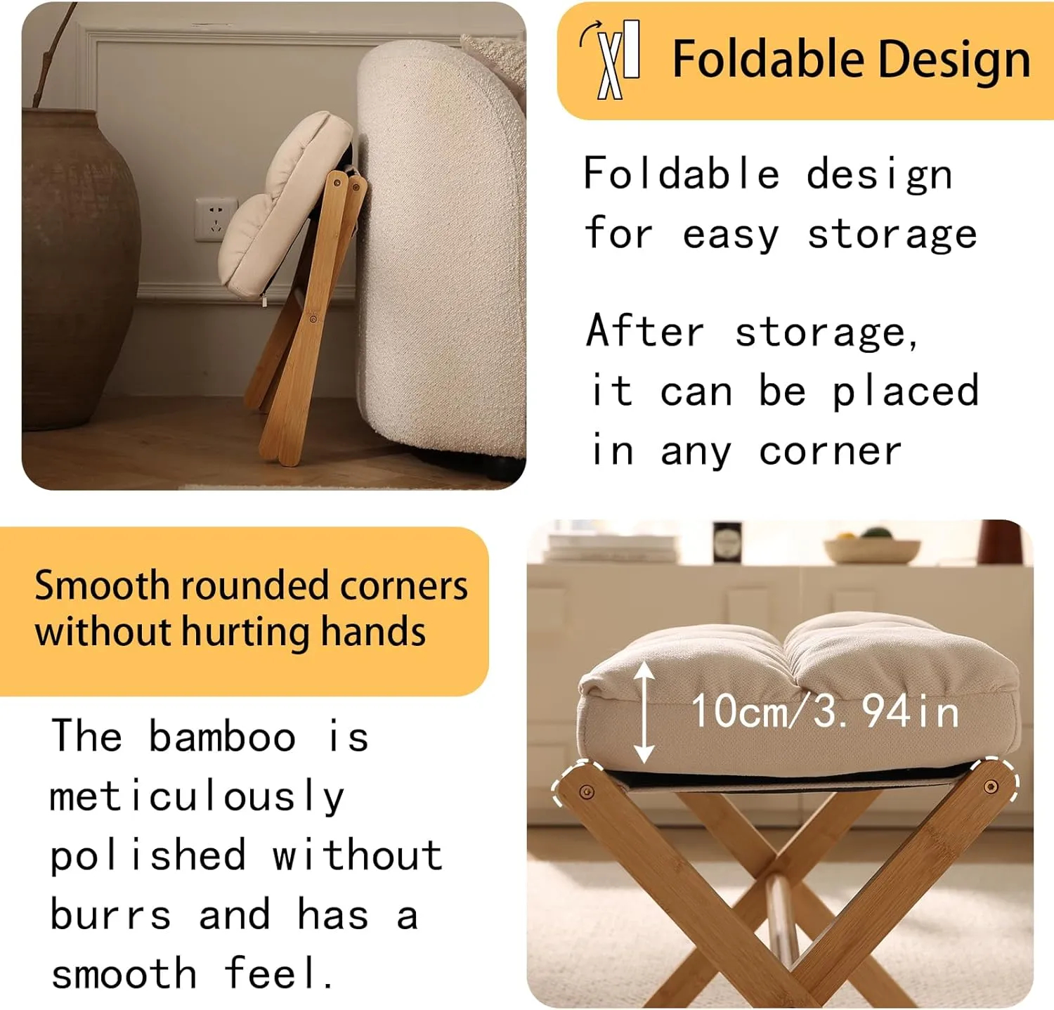 Folding Foot Stool, Small Accent Ottoman with Thick Cotton Cushion & Bamboo X Legs, Modern Padded Sofa Stool for Makeup Bedroom Living Room (Beige)