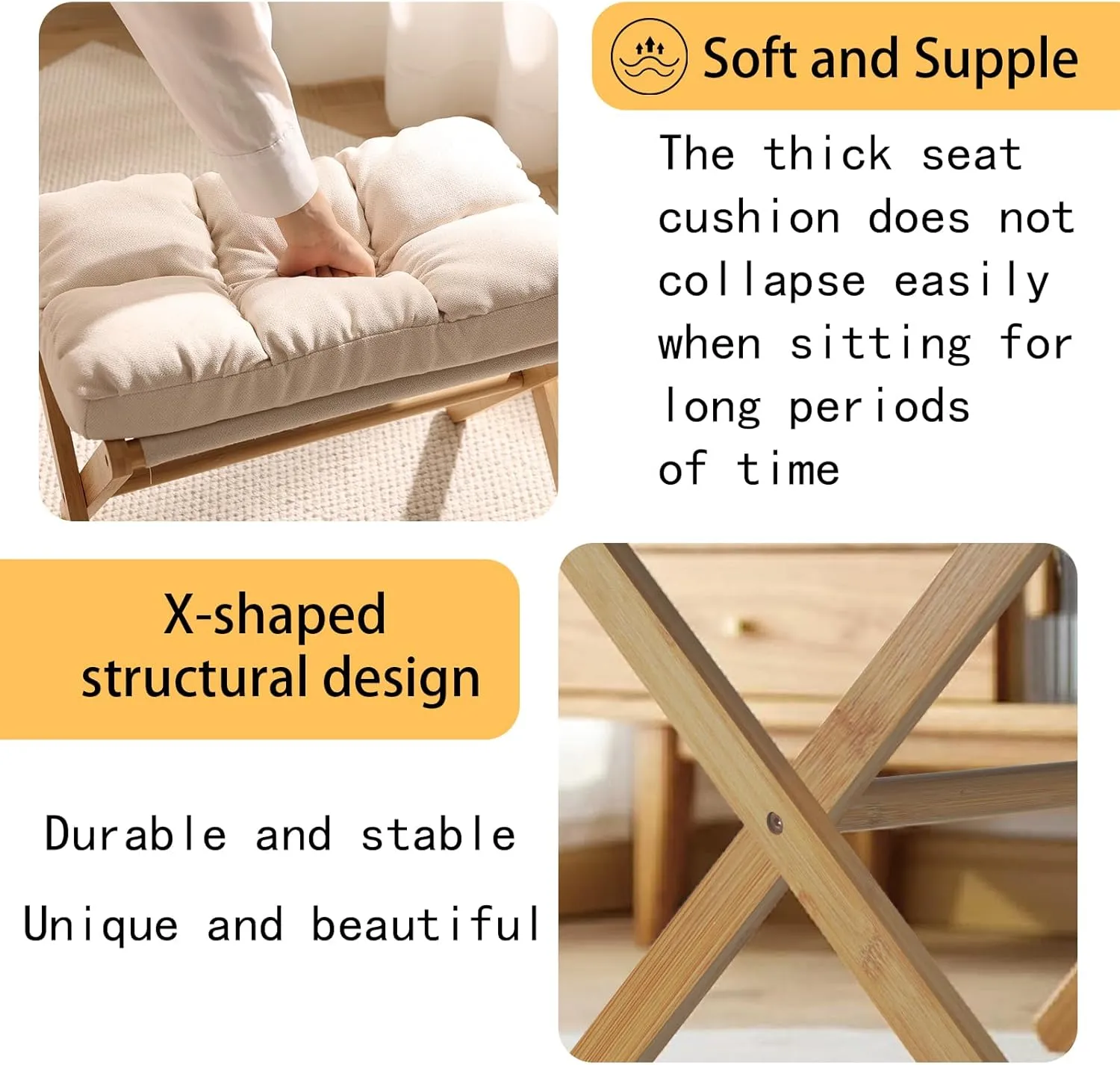 Folding Foot Stool, Small Accent Ottoman with Thick Cotton Cushion & Bamboo X Legs, Modern Padded Sofa Stool for Makeup Bedroom Living Room (Beige)