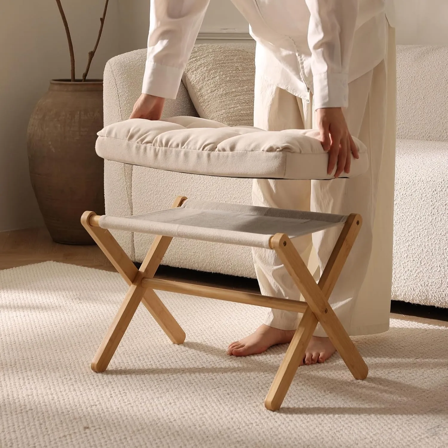 Folding Foot Stool, Small Accent Ottoman with Thick Cotton Cushion & Bamboo X Legs, Modern Padded Sofa Stool for Makeup Bedroom Living Room (Beige)