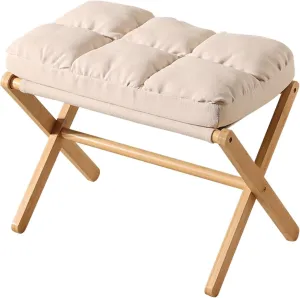 Folding Foot Stool, Small Accent Ottoman with Thick Cotton Cushion & Bamboo X Legs, Modern Padded Sofa Stool for Makeup Bedroom Living Room (Beige)