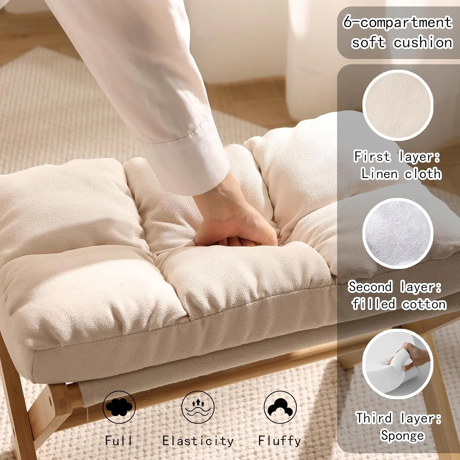 Folding Foot Stool, Small Accent Ottoman with Thick Cotton Cushion & Bamboo X Legs, Modern Padded Sofa Stool for Makeup Bedroom Living Room (Beige)