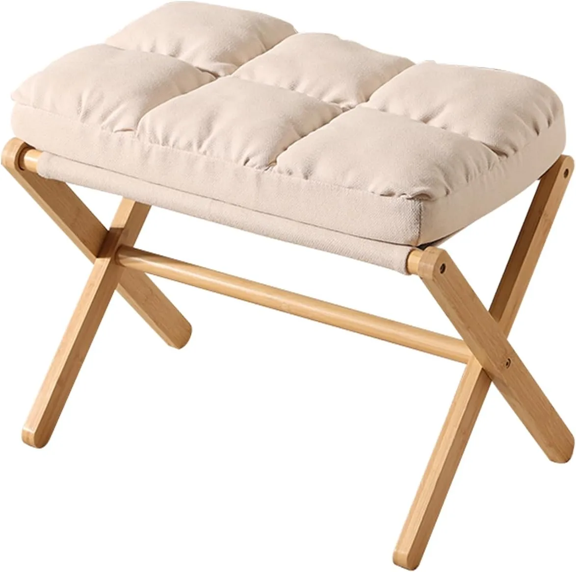 Folding Foot Stool, Small Accent Ottoman with Thick Cotton Cushion & Bamboo X Legs, Modern Padded Sofa Stool for Makeup Bedroom Living Room (Beige)
