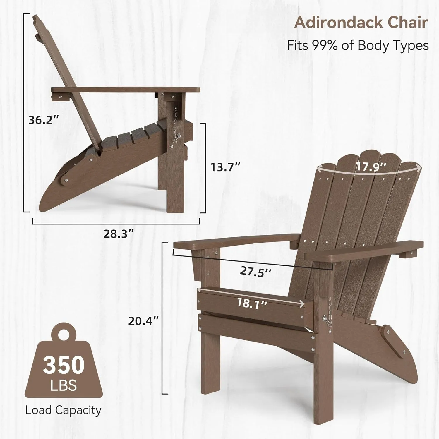 Folding HDPE Adirondack Chair Set of 4, Weather-Resistant Patio Chair with Wide Armrests & High Backrest, Fire Pit Chair for Garden, Backyard, Porch - Coffee