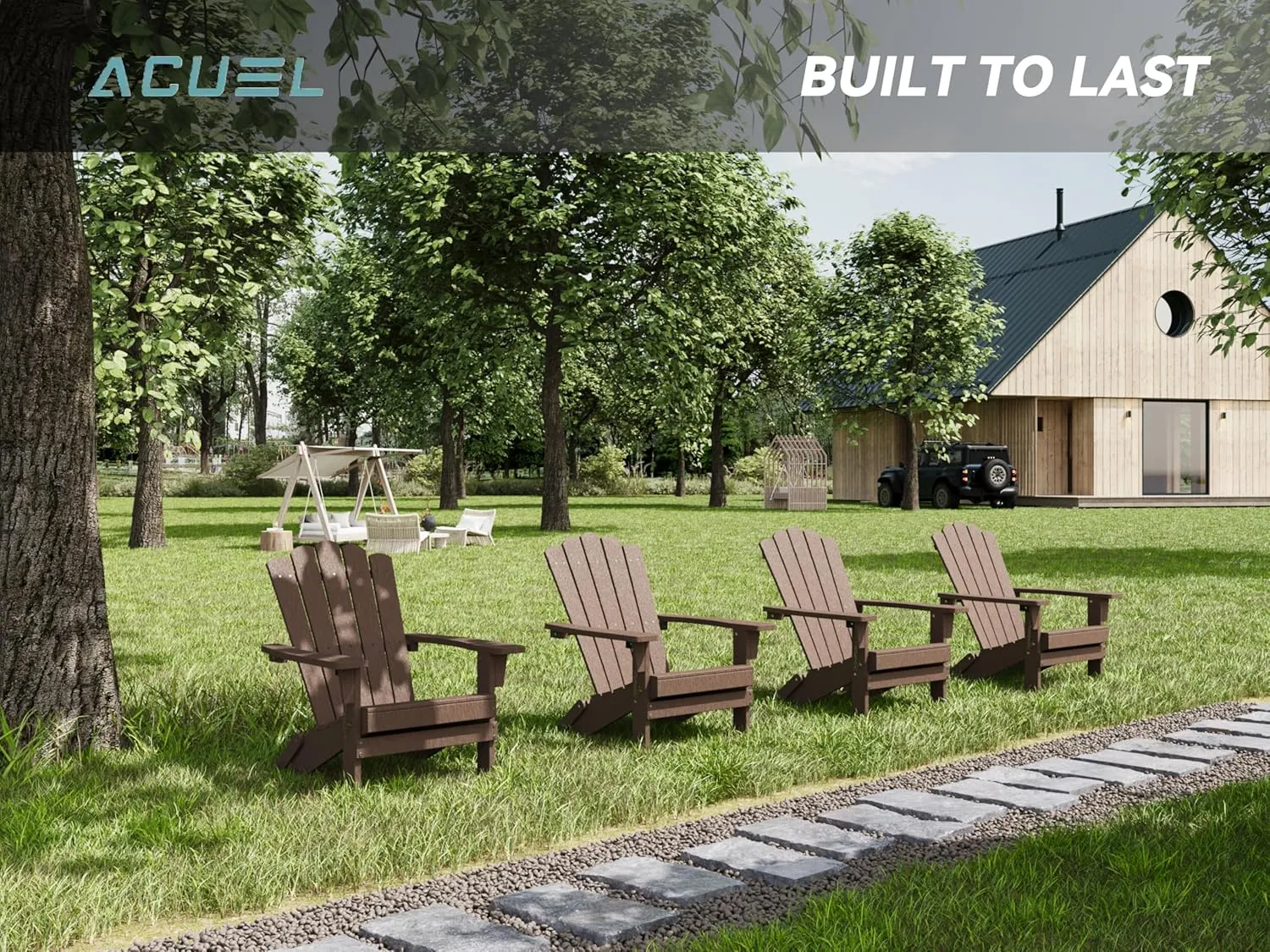 Folding HDPE Adirondack Chair Set of 4, Weather-Resistant Patio Chair with Wide Armrests & High Backrest, Fire Pit Chair for Garden, Backyard, Porch - Coffee