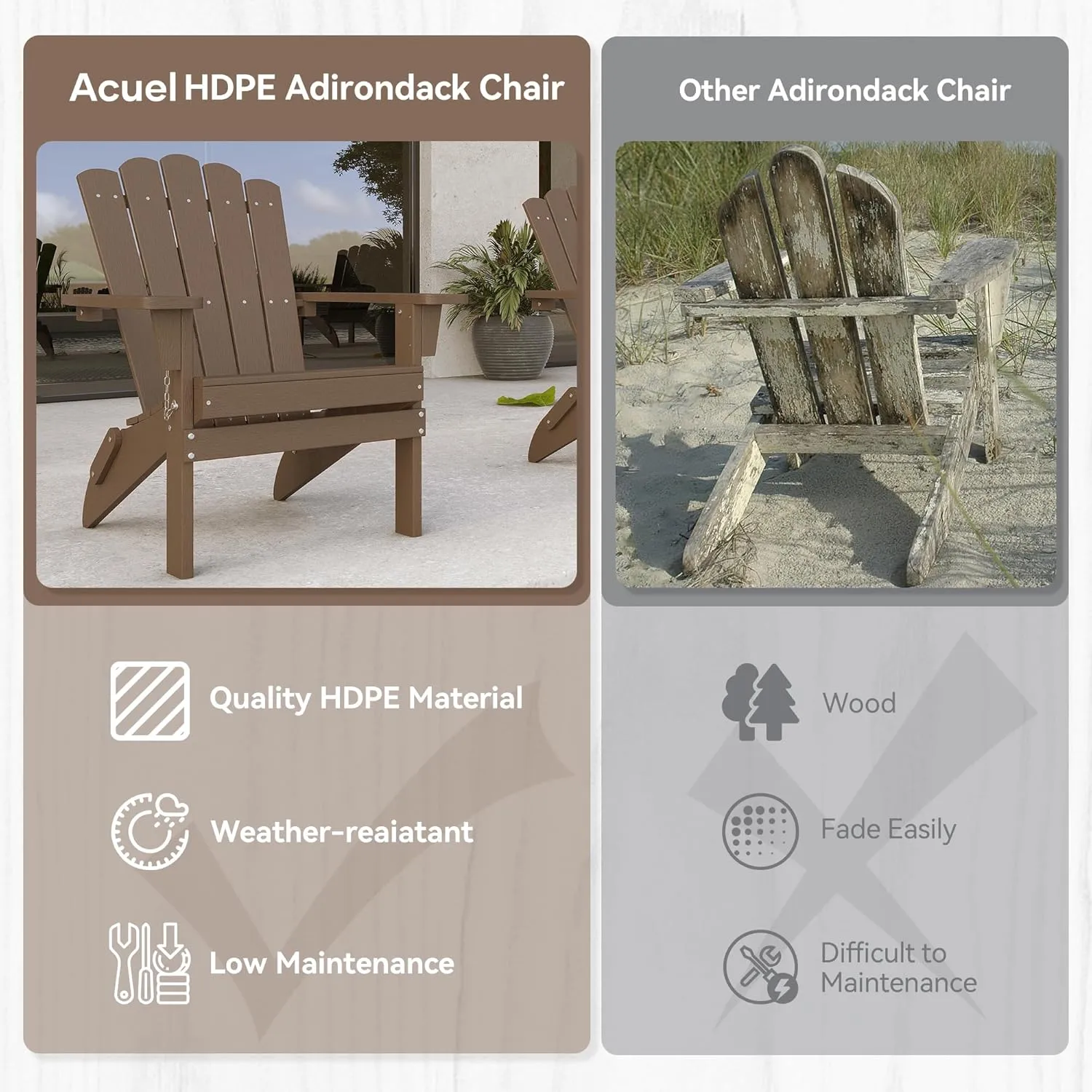 Folding HDPE Adirondack Chair Set of 4, Weather-Resistant Patio Chair with Wide Armrests & High Backrest, Fire Pit Chair for Garden, Backyard, Porch - Coffee